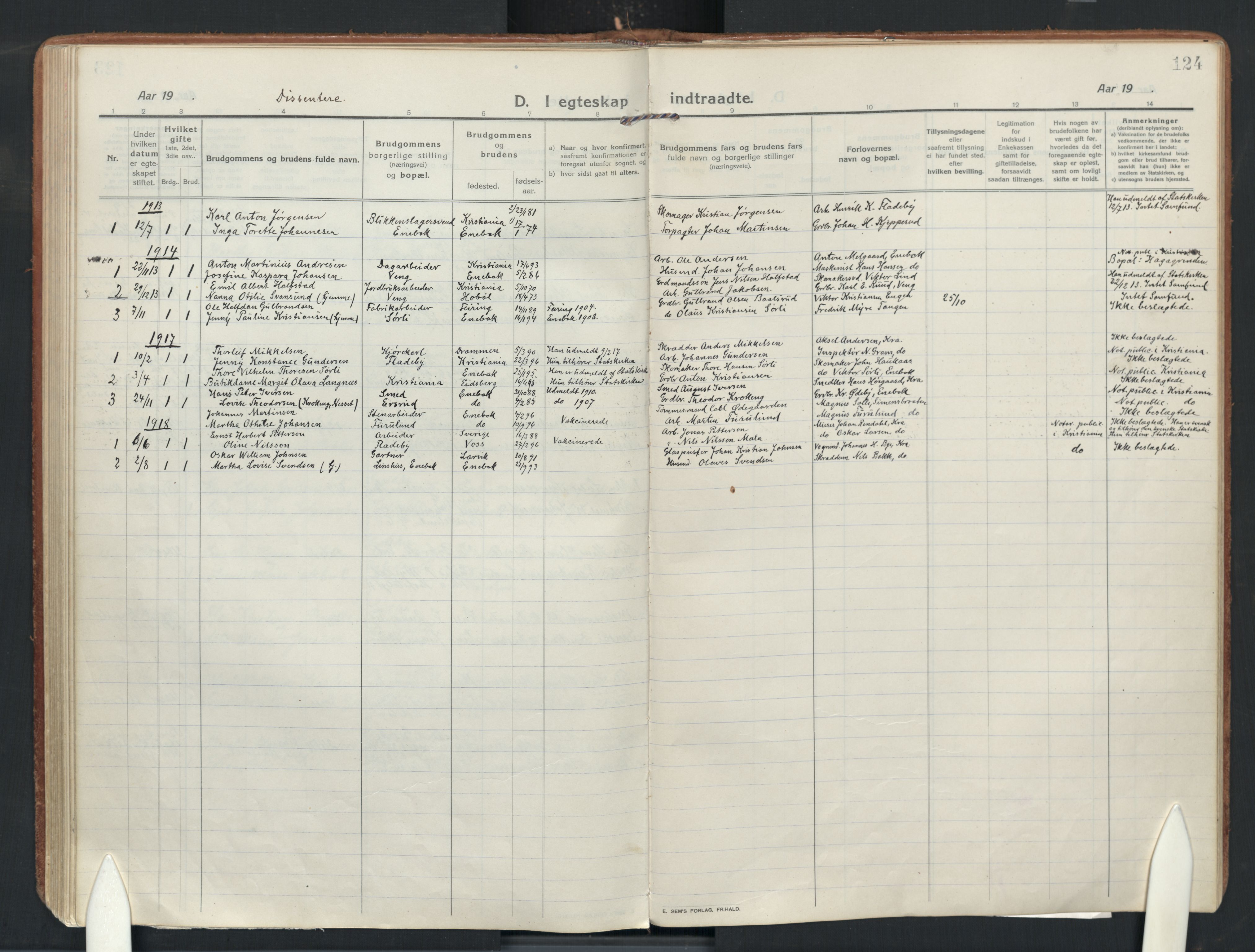 Enebakk prestekontor Kirkebøker, AV/SAO-A-10171c/F/Fa/L0019: Parish register (official) no. I 19, 1912-1935, p. 124