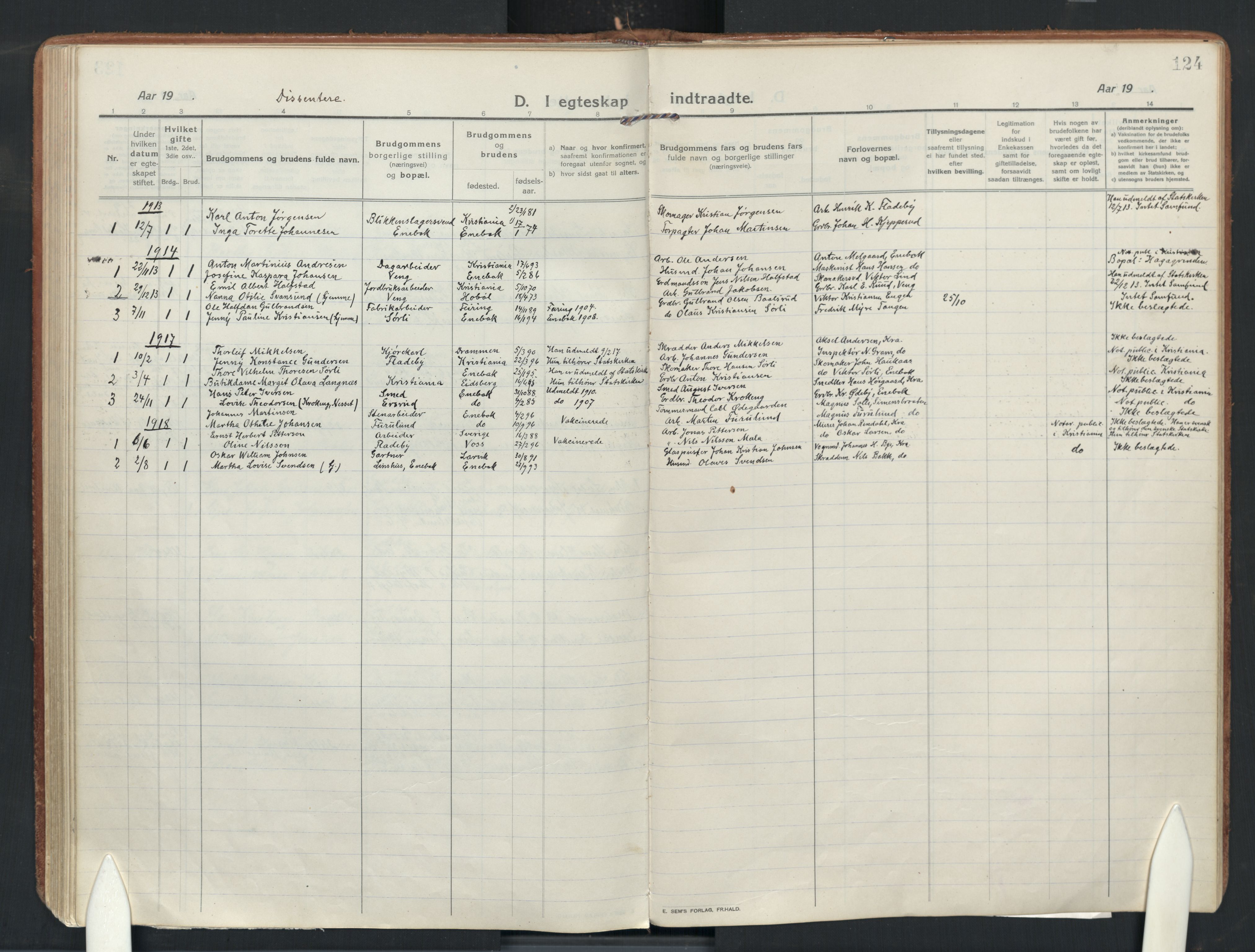 Enebakk prestekontor Kirkebøker, SAO/A-10171c/F/Fa/L0019: Parish register (official) no. I 19, 1912-1935, p. 124