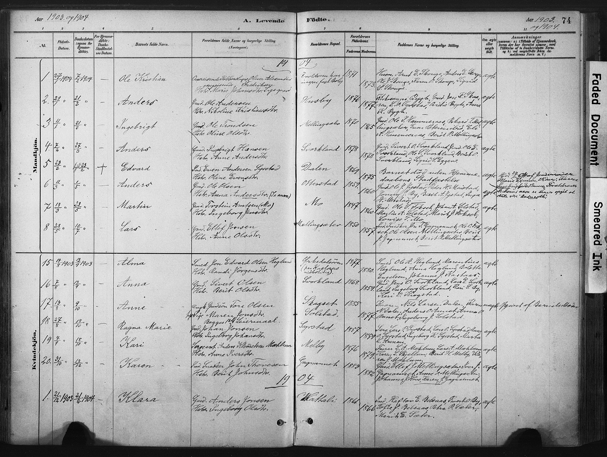 Ministerialprotokoller, klokkerbøker og fødselsregistre - Sør-Trøndelag, SAT/A-1456/667/L0795: Parish register (official) no. 667A03, 1879-1907, p. 74