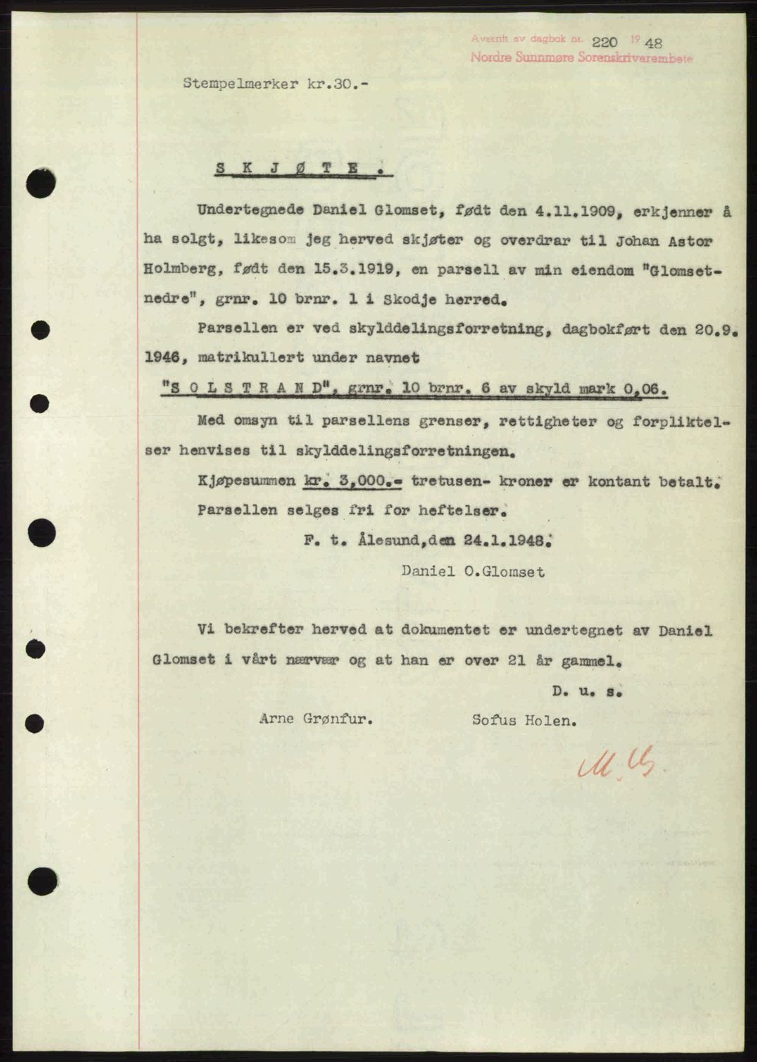 Nordre Sunnmøre sorenskriveri, AV/SAT-A-0006/1/2/2C/2Ca: Mortgage book no. A26, 1947-1948, Diary no: : 220/1948