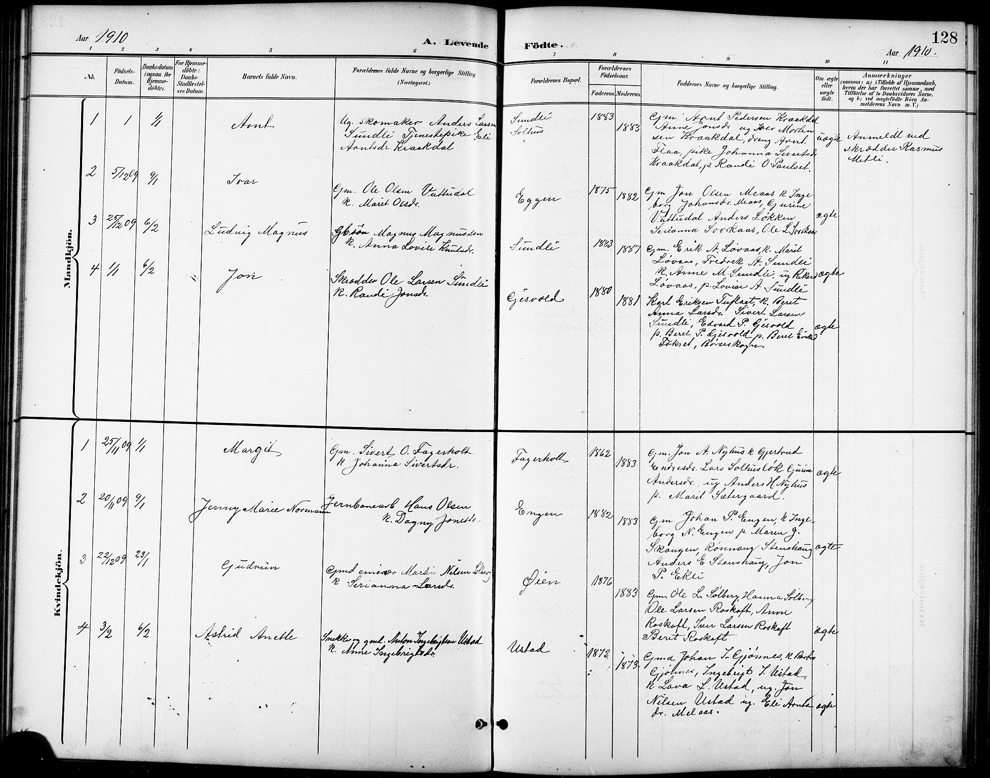 Ministerialprotokoller, klokkerbøker og fødselsregistre - Sør-Trøndelag, SAT/A-1456/668/L0819: Parish register (copy) no. 668C08, 1899-1912, p. 128