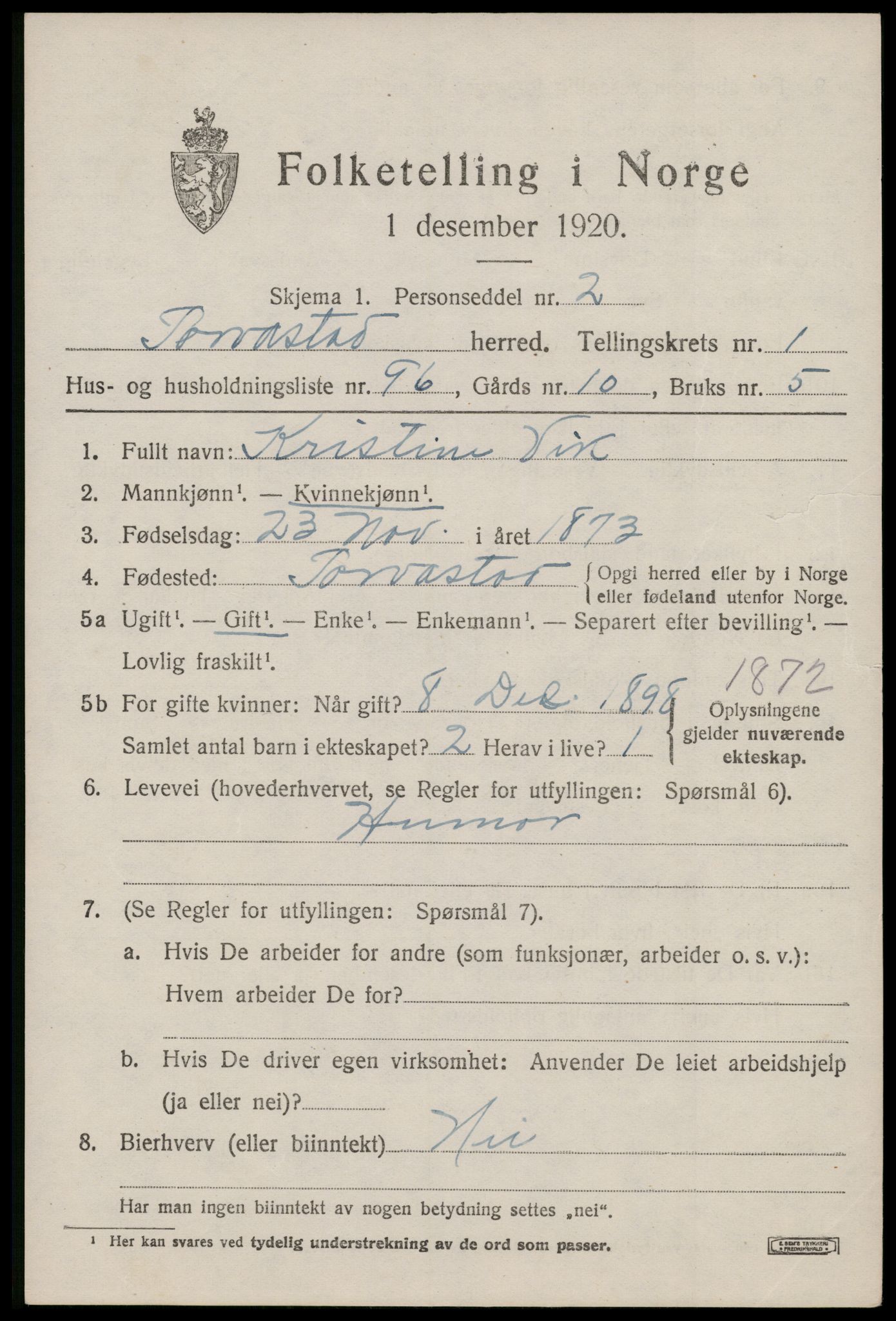 SAST, 1920 census for Torvastad, 1920, p. 1984