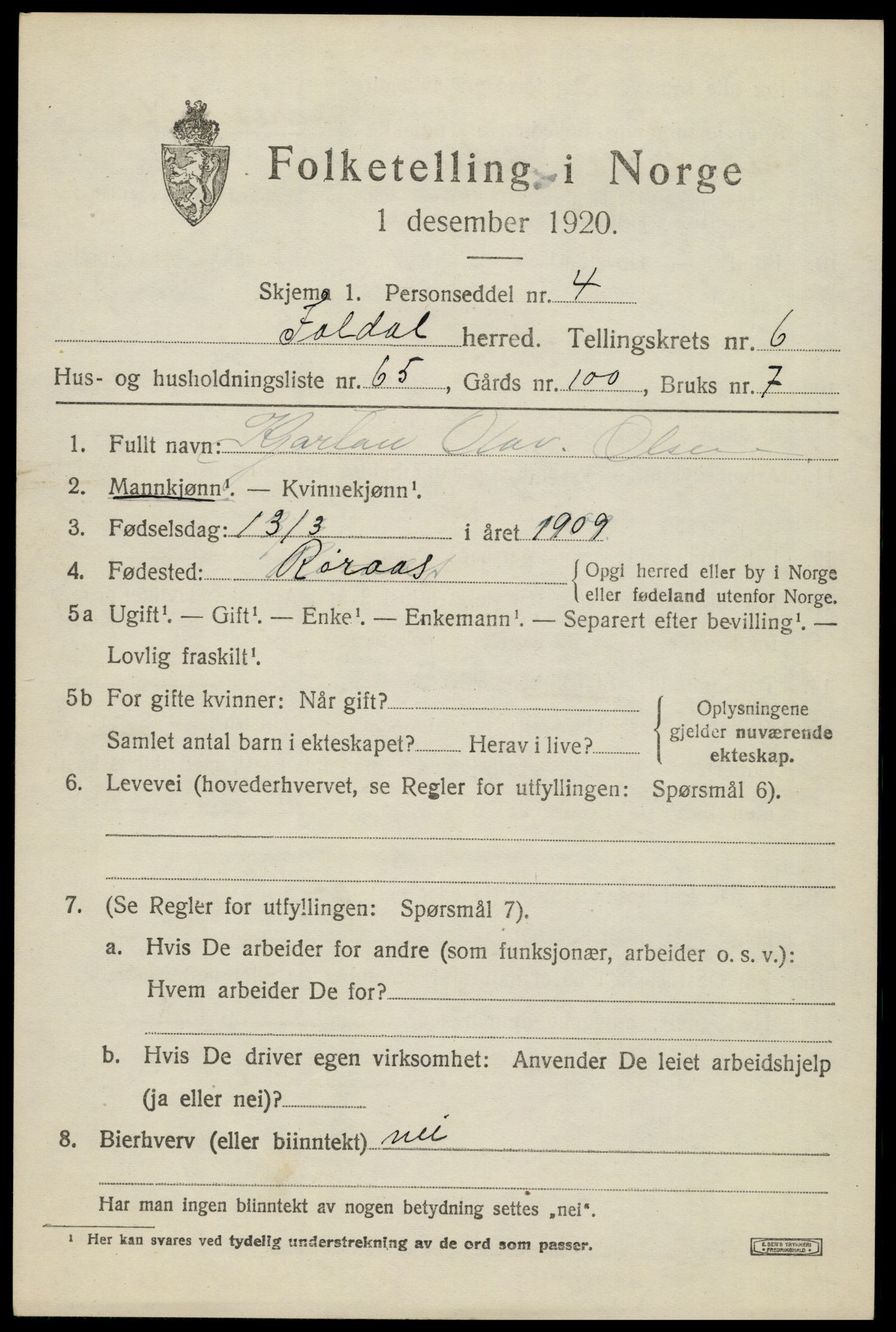 SAH, 1920 census for Folldal, 1920, p. 3915