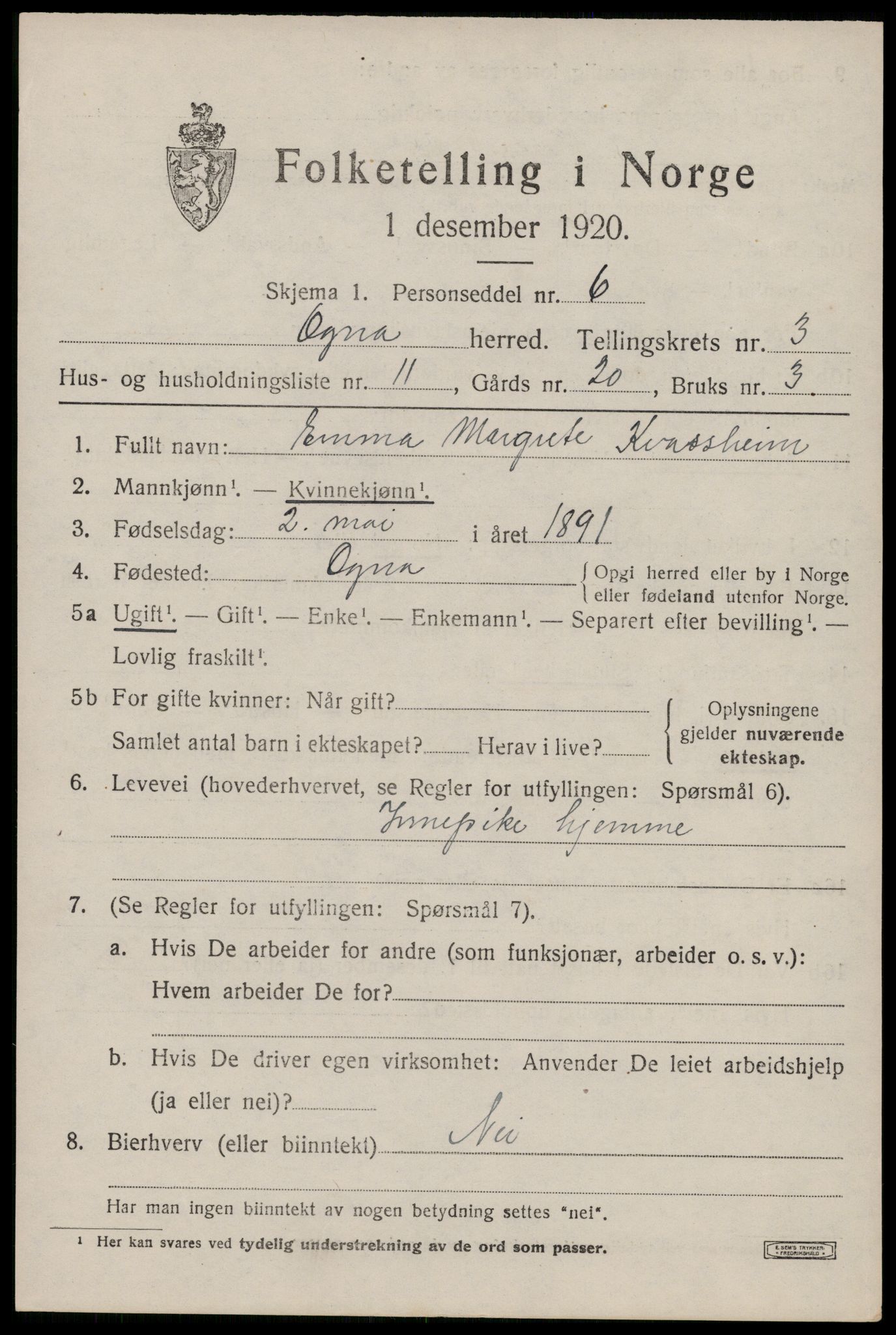 SAST, 1920 census for Ogna, 1920, p. 1891