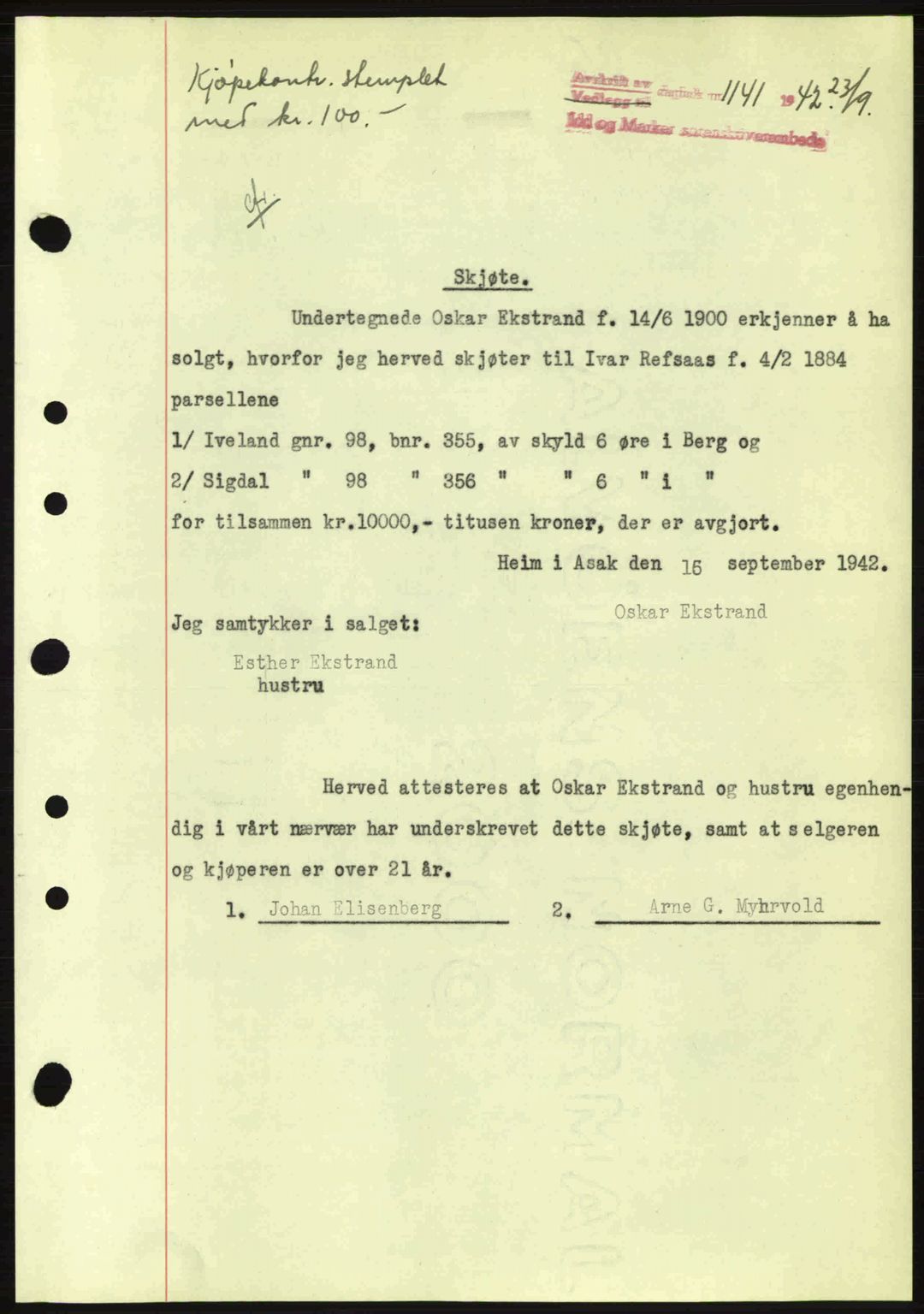 Idd og Marker sorenskriveri, AV/SAO-A-10283/G/Gb/Gbb/L0005: Mortgage book no. A5, 1941-1943, Diary no: : 1141/1942