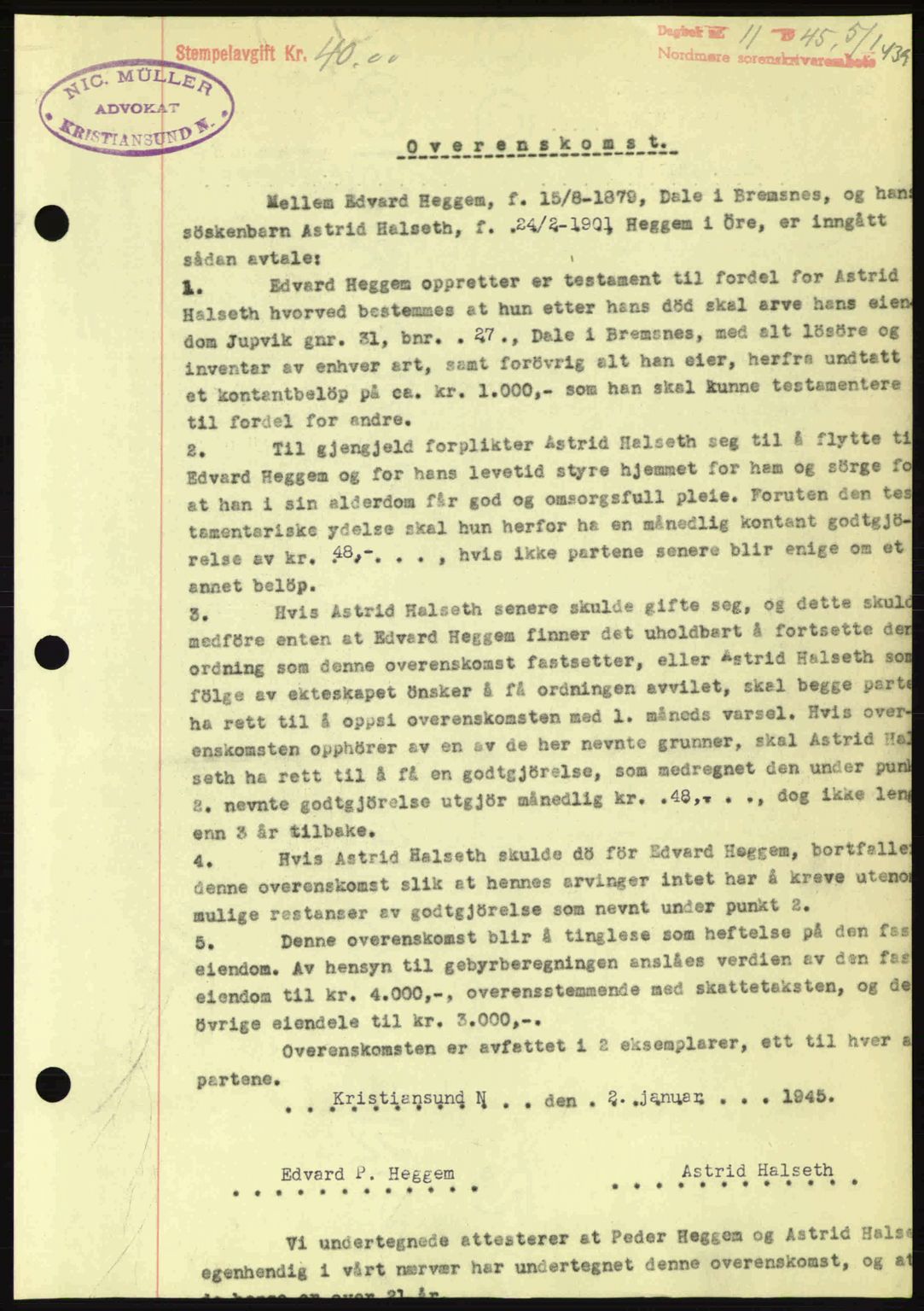 Nordmøre sorenskriveri, AV/SAT-A-4132/1/2/2Ca: Mortgage book no. B92, 1944-1945, Diary no: : 11/1945