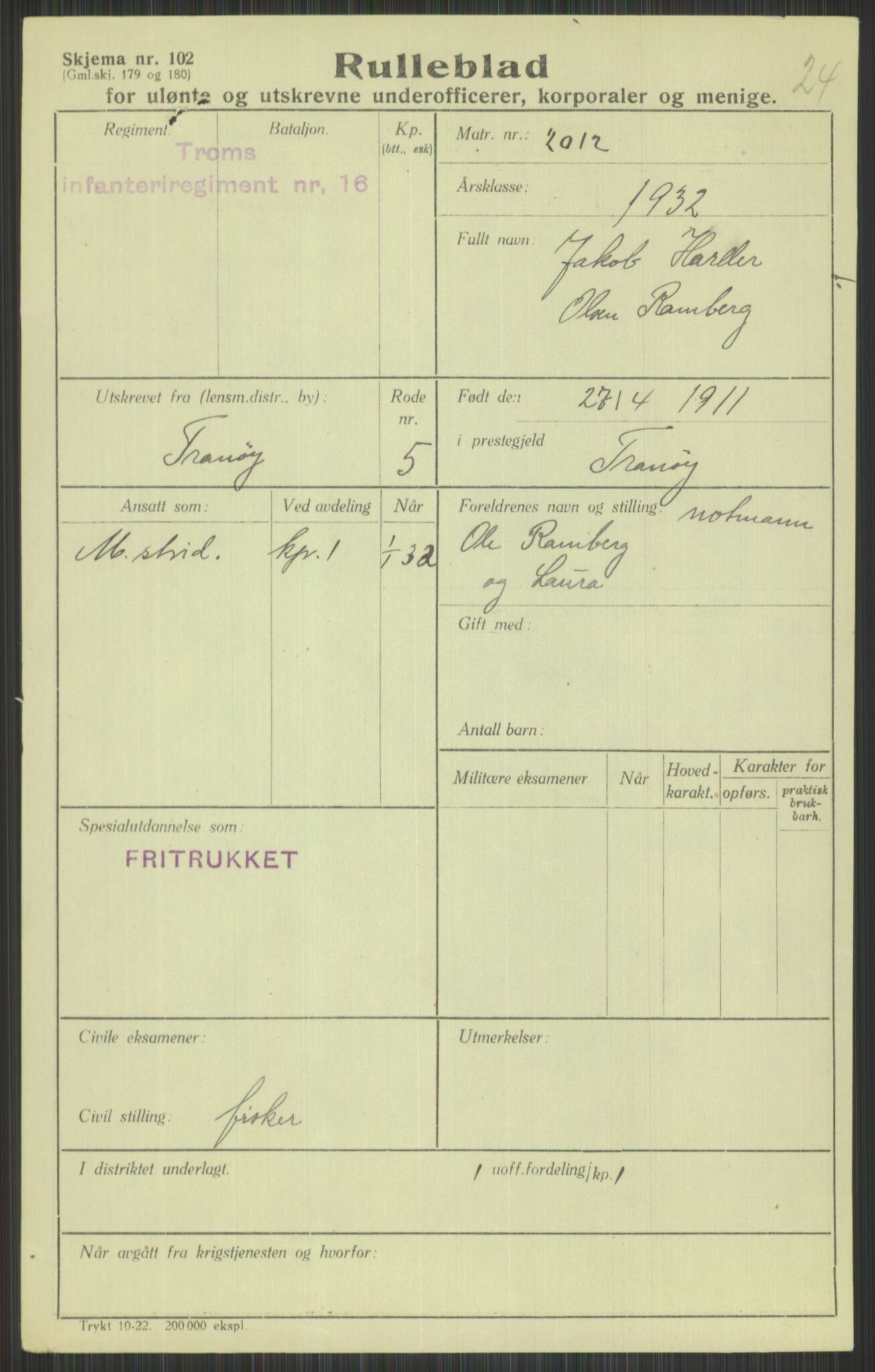 Forsvaret, Troms infanteriregiment nr. 16, AV/RA-RAFA-3146/P/Pa/L0016: Rulleblad for regimentets menige mannskaper, årsklasse 1932, 1932, p. 1353