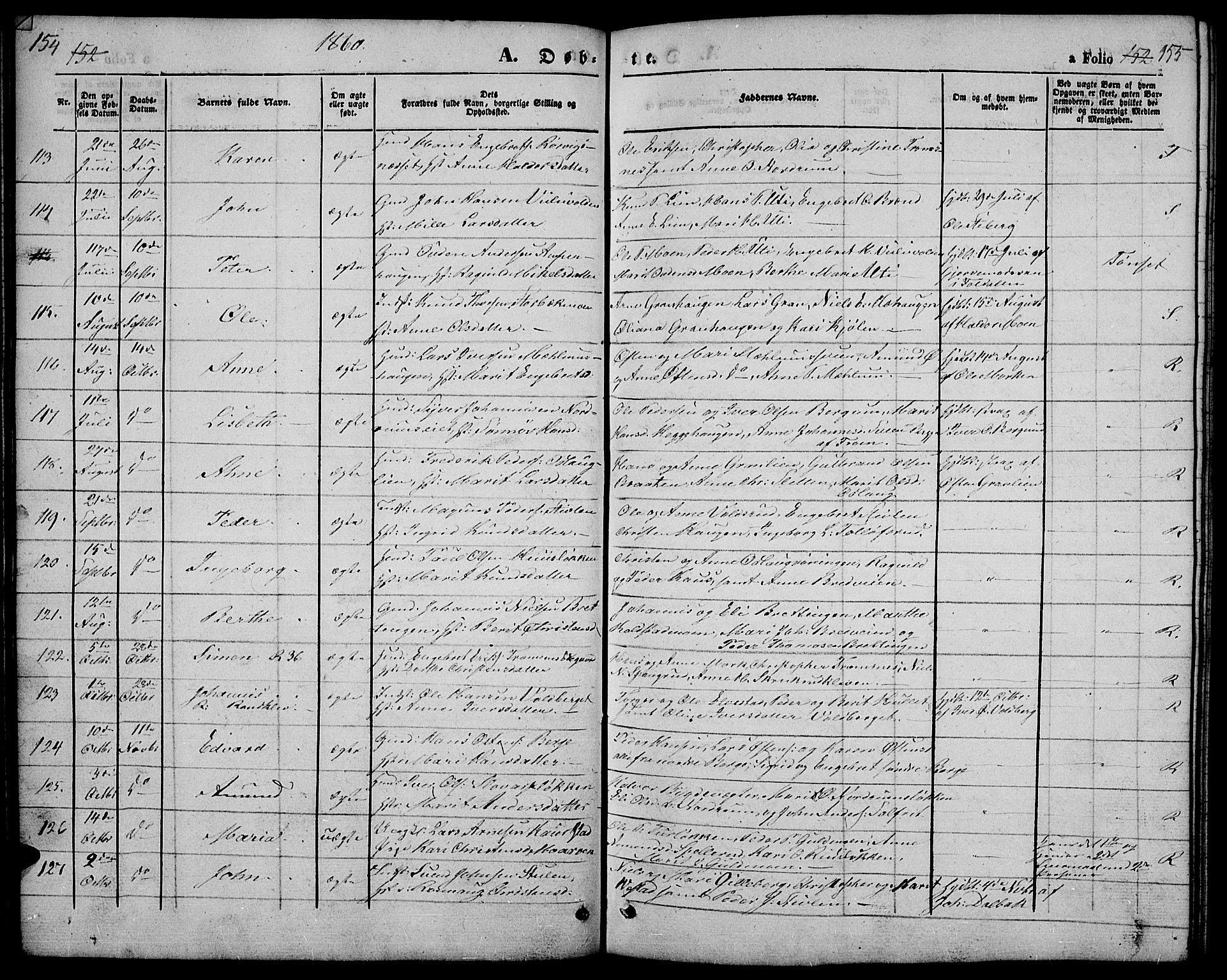 Ringebu prestekontor, AV/SAH-PREST-082/H/Ha/Hab/L0003: Parish register (copy) no. 3, 1854-1866, p. 154-155