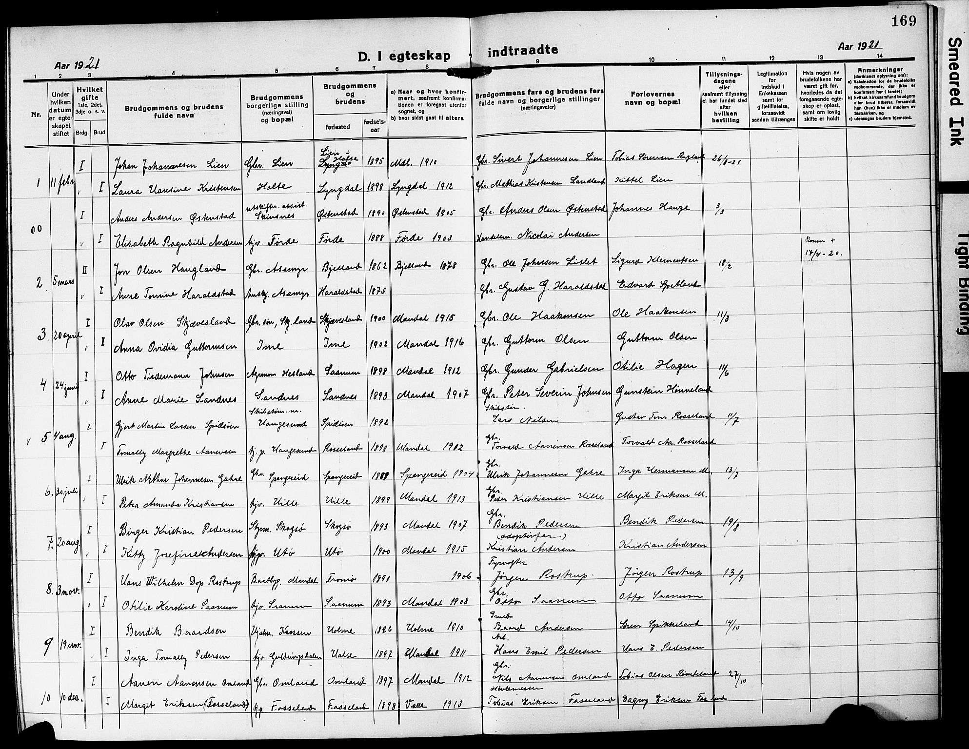 Mandal sokneprestkontor, SAK/1111-0030/F/Fb/Fba/L0013: Parish register (copy) no. B 7, 1918-1931, p. 169