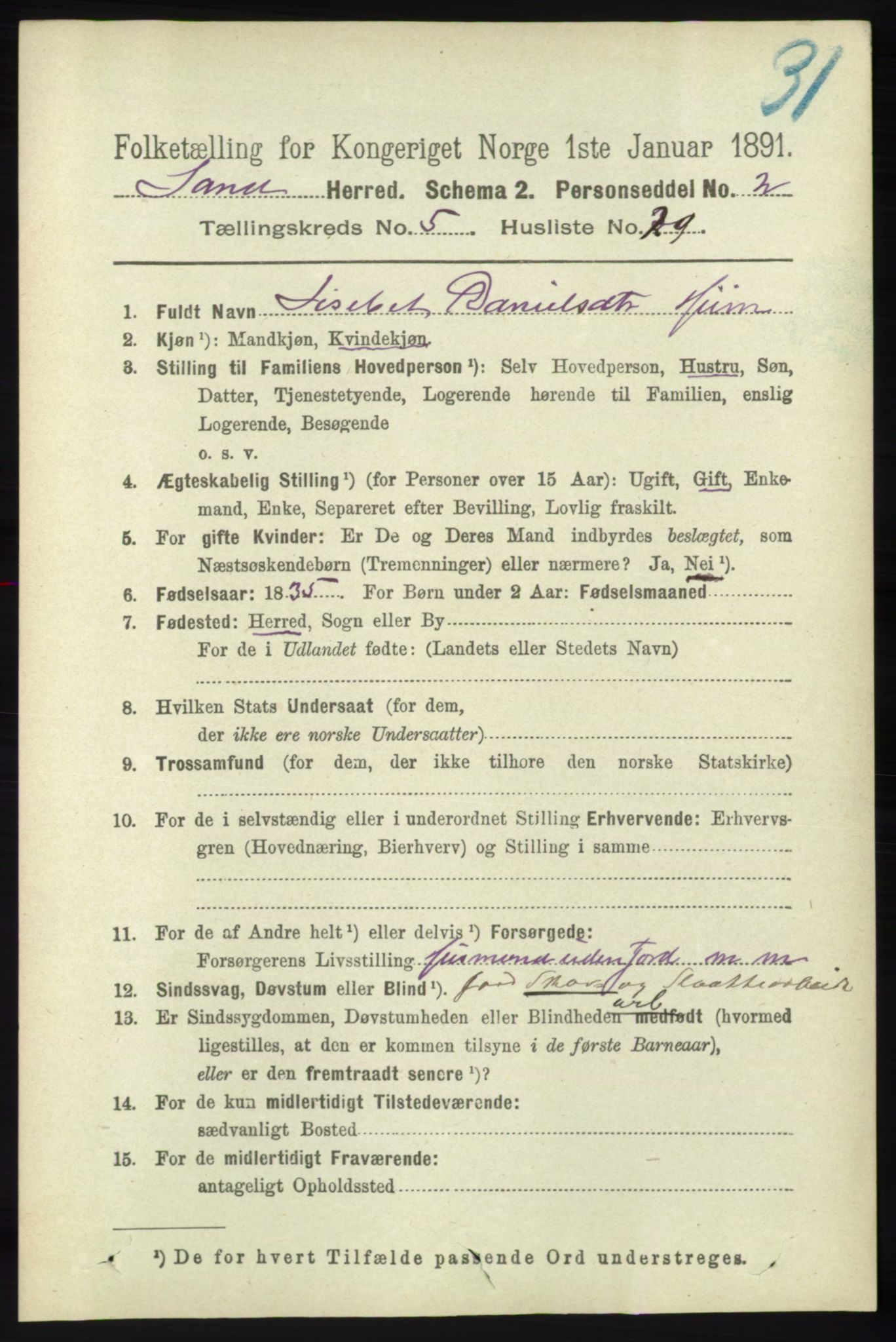 RA, 1891 census for 1136 Sand, 1891, p. 1687