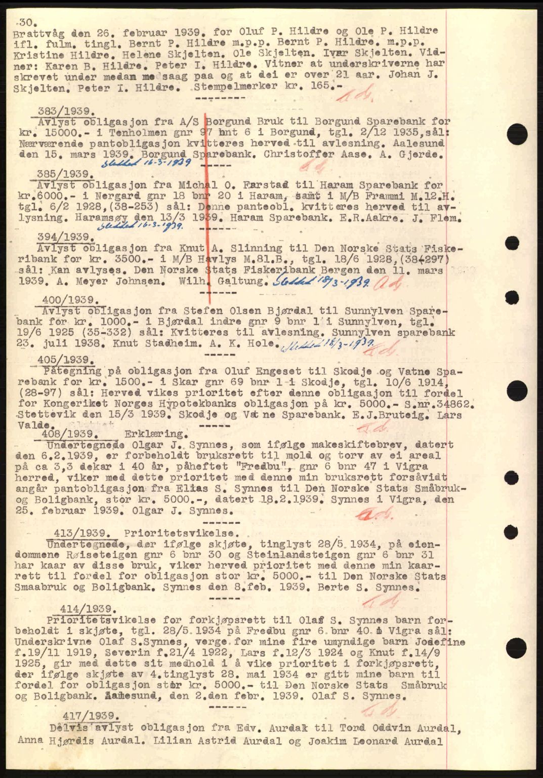 Nordre Sunnmøre sorenskriveri, SAT/A-0006/1/2/2C/2Ca: Mortgage book no. B1-6, 1938-1942, Diary no: : 383/1939