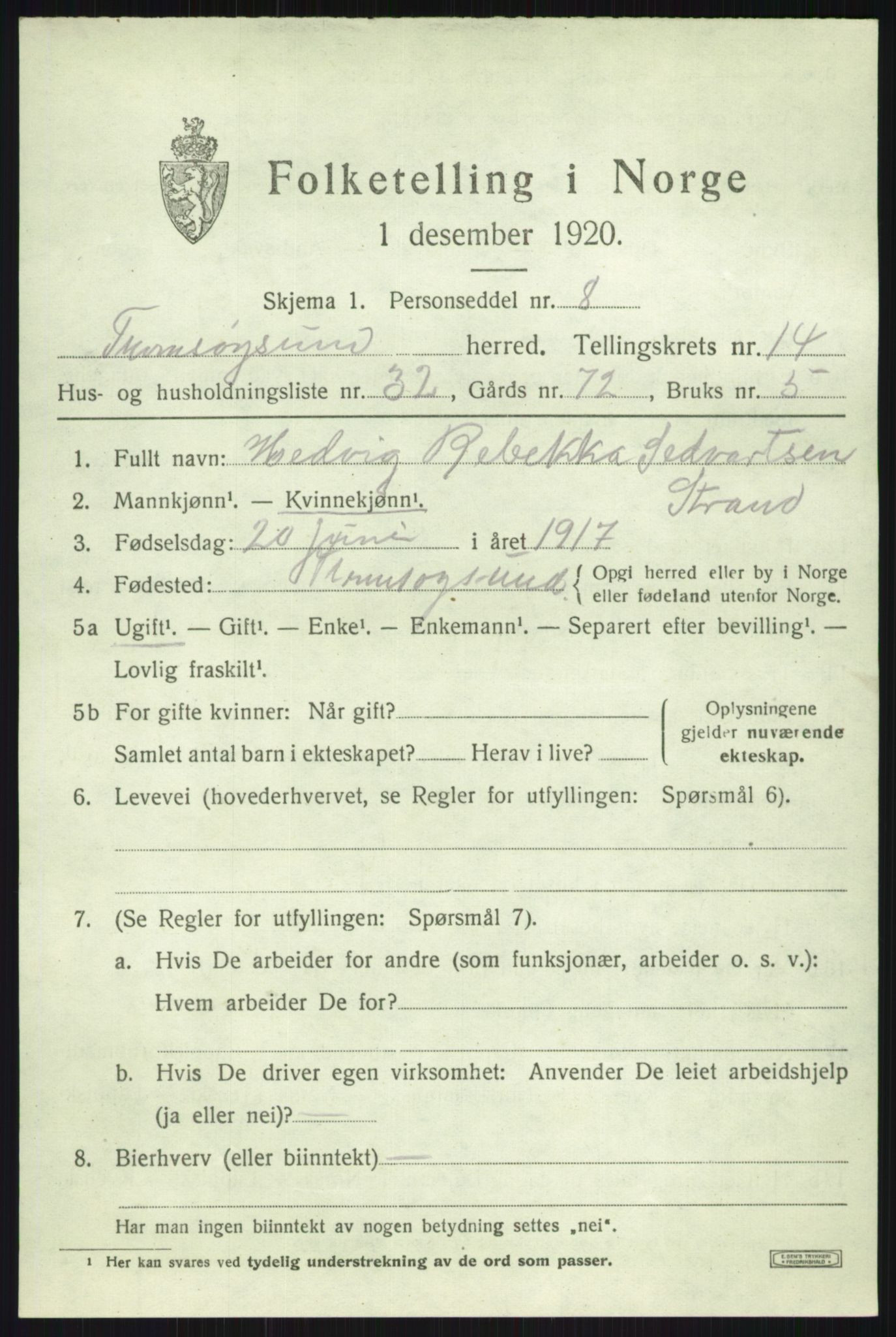 SATØ, 1920 census for Tromsøysund, 1920, p. 8896