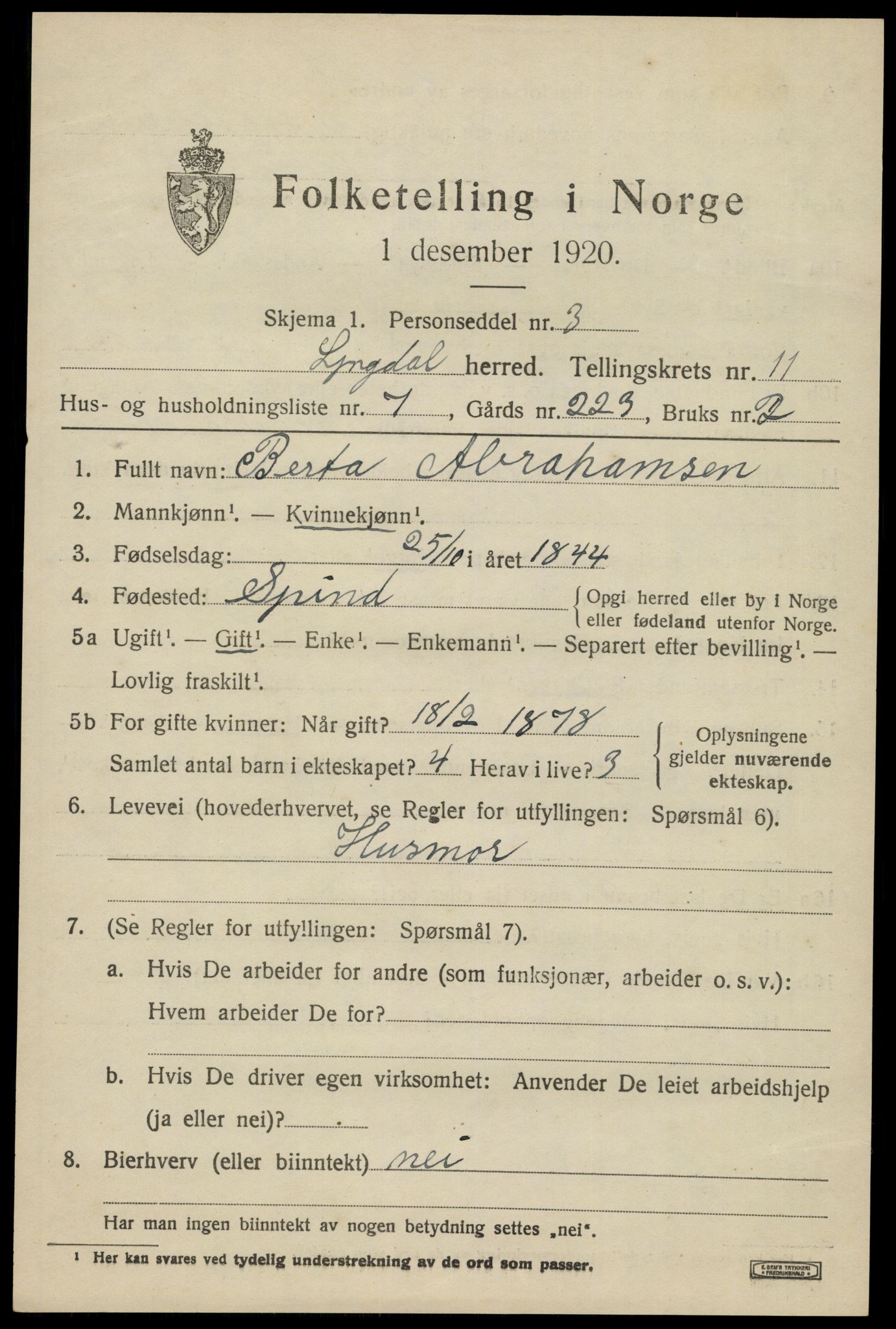 SAK, 1920 census for Lyngdal, 1920, p. 5349