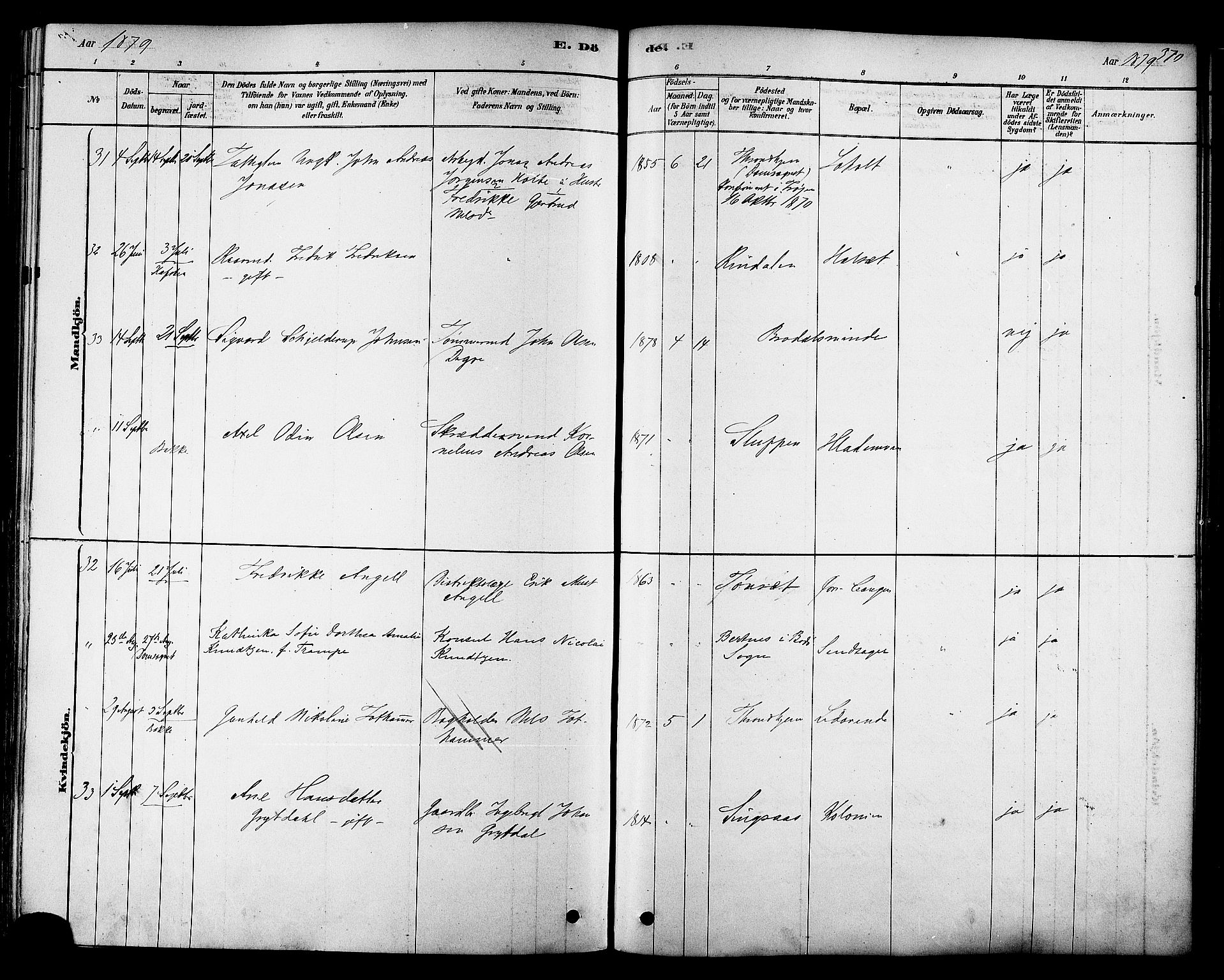 Ministerialprotokoller, klokkerbøker og fødselsregistre - Sør-Trøndelag, AV/SAT-A-1456/606/L0294: Parish register (official) no. 606A09, 1878-1886, p. 370