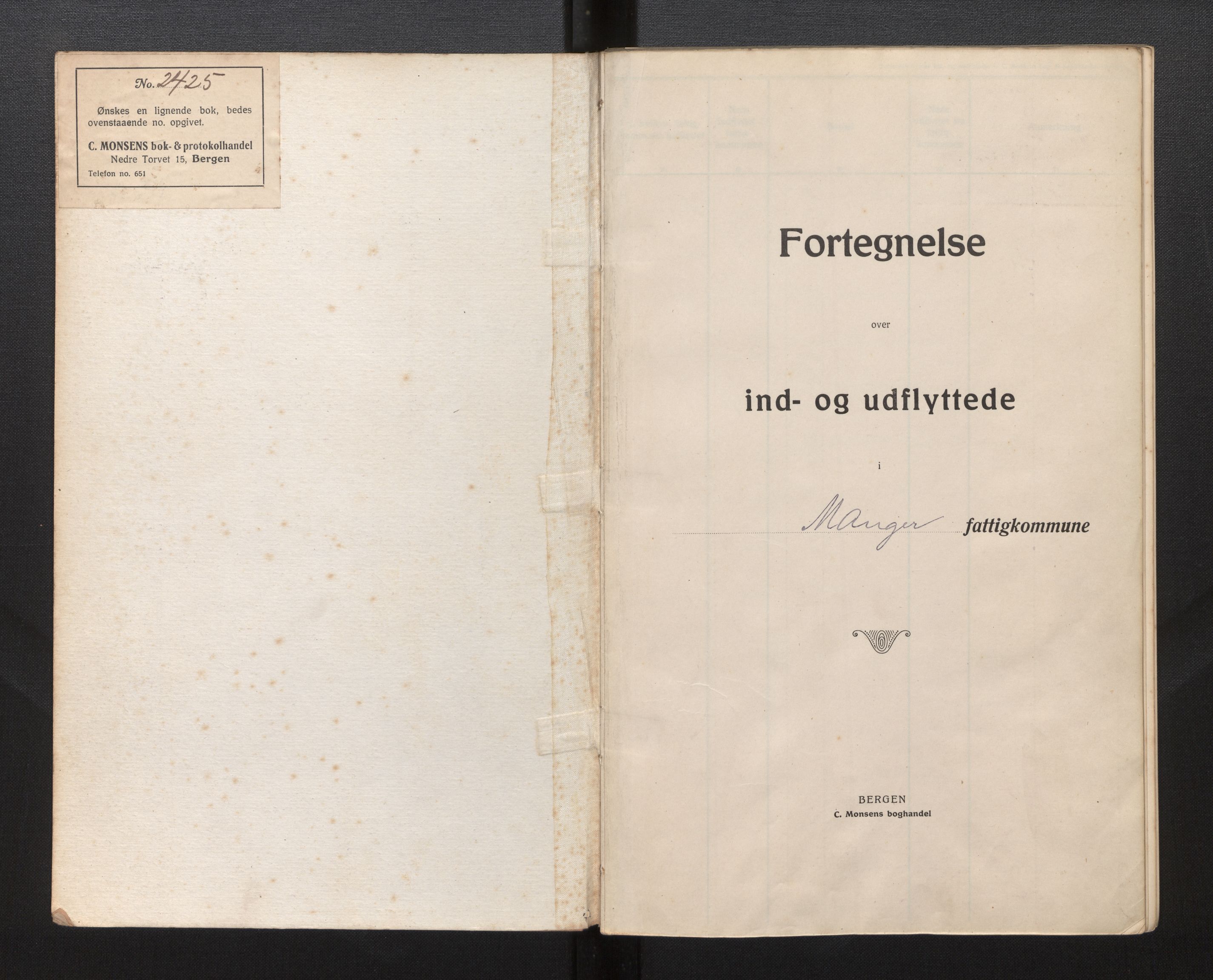 Lensmannen i Manger, AV/SAB-A-33701/0020/L0004: Protokoll over inn- og utflytte, 1919-1923