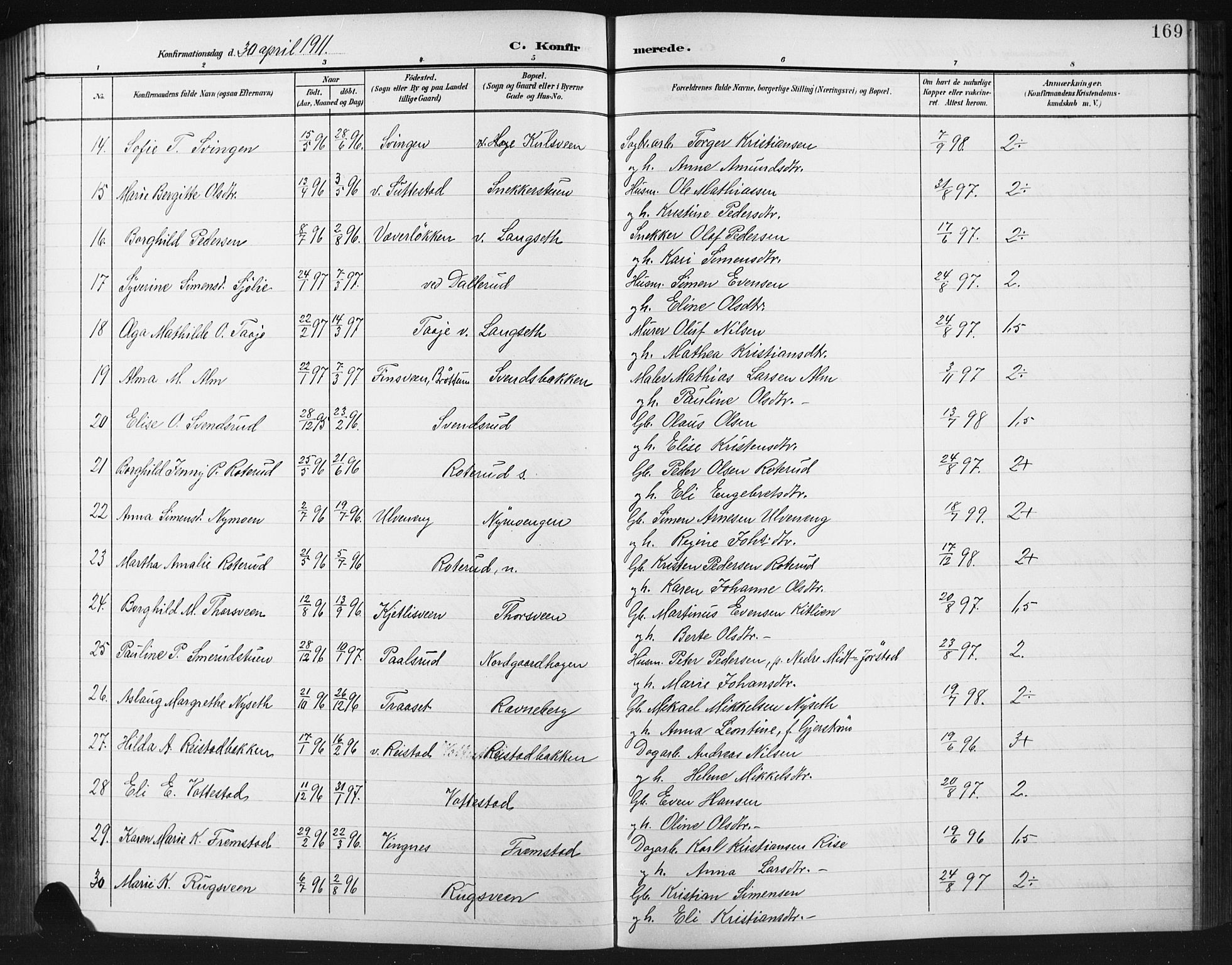 Fåberg prestekontor, AV/SAH-PREST-086/H/Ha/Hab/L0012: Parish register (copy) no. 12, 1903-1924, p. 169