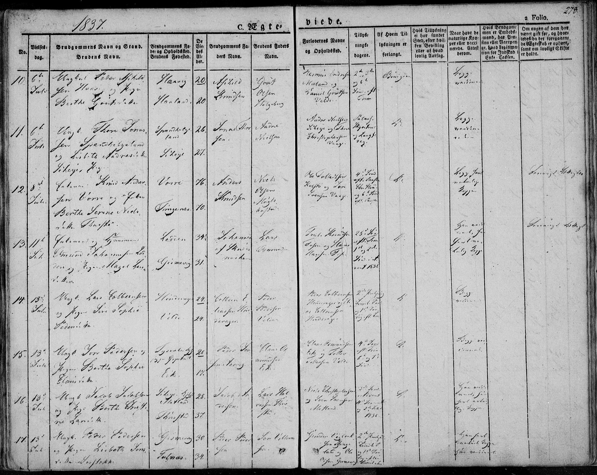 Avaldsnes sokneprestkontor, SAST/A -101851/H/Ha/Haa/L0005: Parish register (official) no. A 5.1, 1825-1841, p. 278