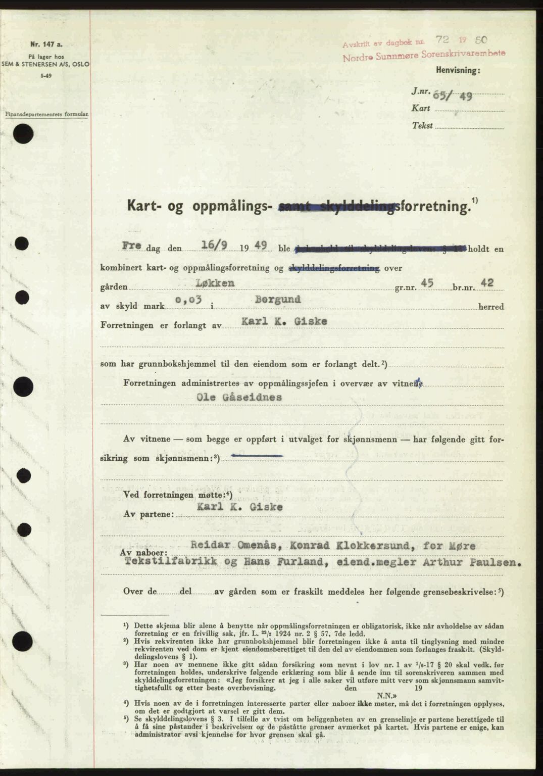 Nordre Sunnmøre sorenskriveri, AV/SAT-A-0006/1/2/2C/2Ca: Mortgage book no. A33, 1949-1950, Diary no: : 72/1950