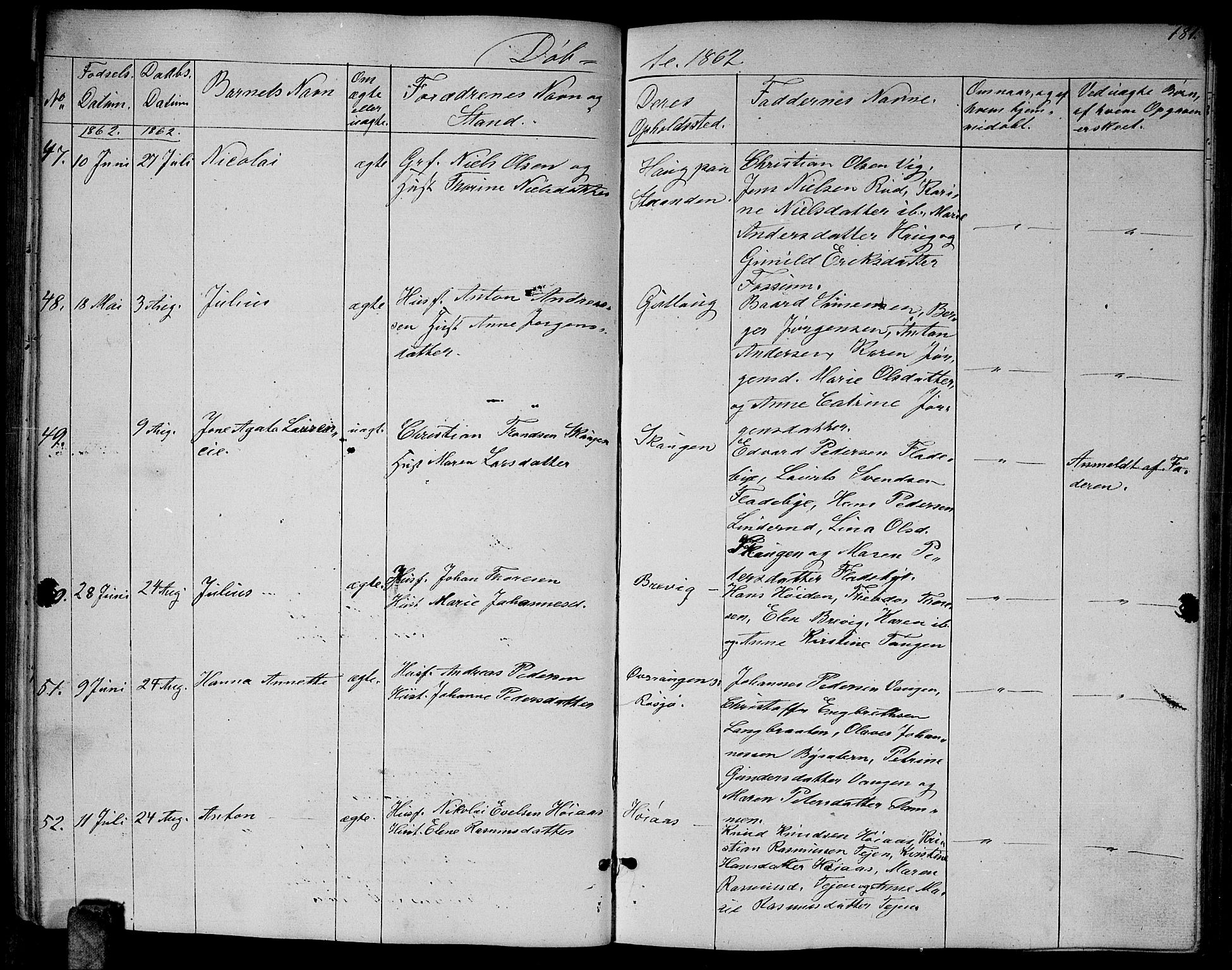 Enebakk prestekontor Kirkebøker, AV/SAO-A-10171c/G/Ga/L0004: Parish register (copy) no. I 4, 1850-1866, p. 181