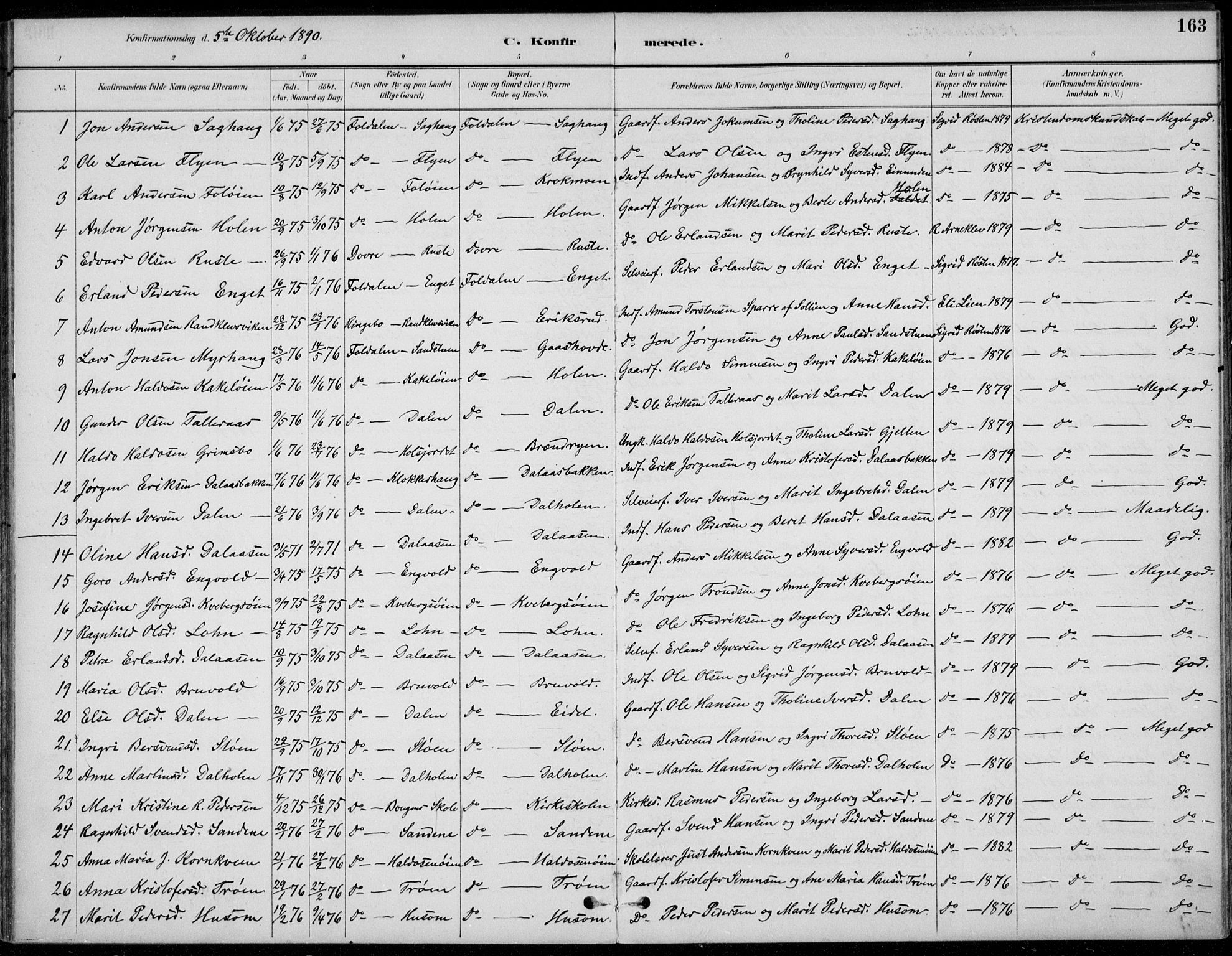 Alvdal prestekontor, AV/SAH-PREST-060/H/Ha/Haa/L0003: Parish register (official) no. 3, 1886-1912, p. 163