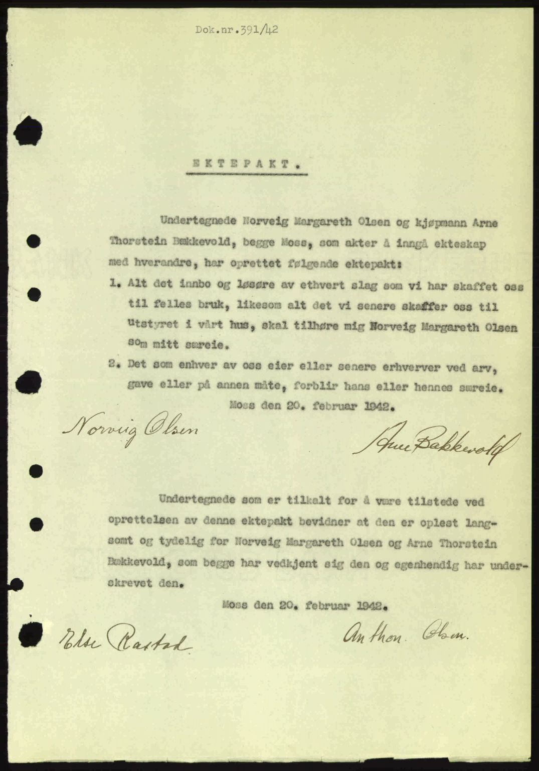 Moss sorenskriveri, SAO/A-10168: Mortgage book no. A9, 1941-1942, Diary no: : 391/1942