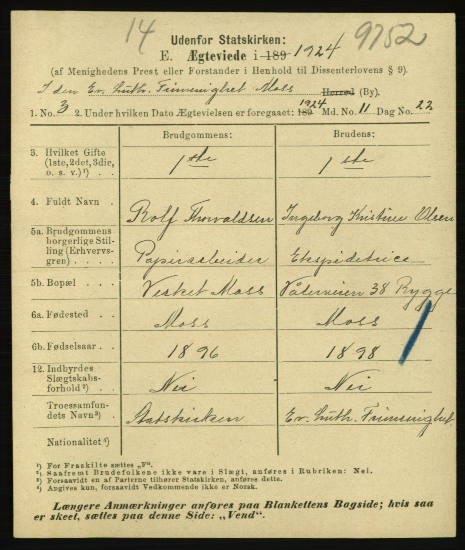 Statistisk sentralbyrå, Sosiodemografiske emner, Befolkning, AV/RA-S-2228/E/L0022: Fødte, gifte, døde dissentere., 1924, p. 1701