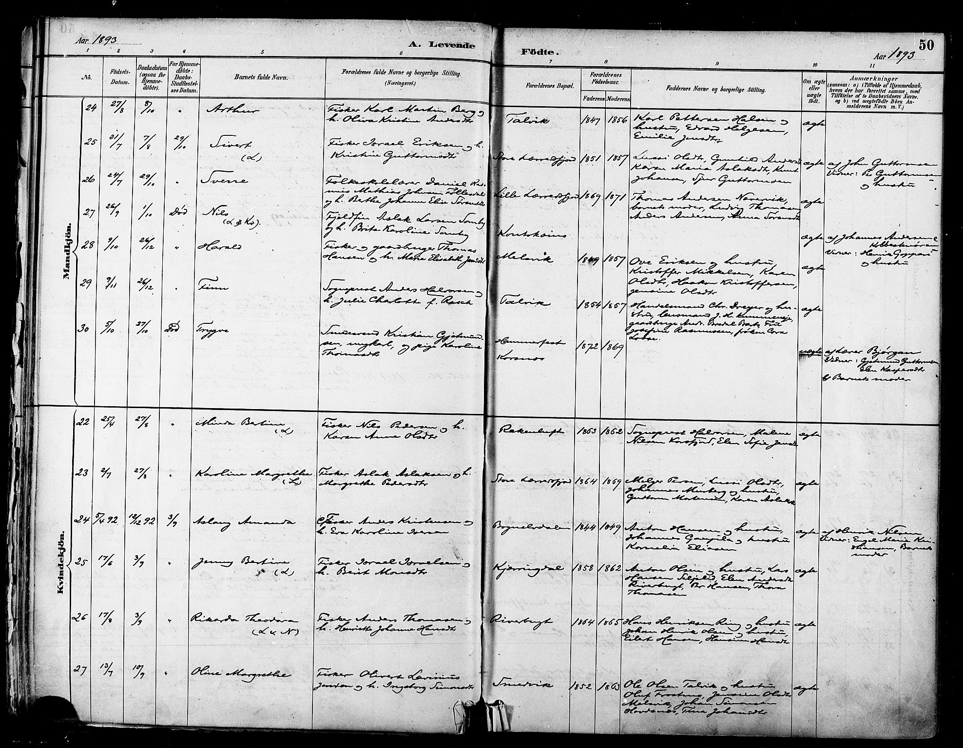 Talvik sokneprestkontor, AV/SATØ-S-1337/H/Ha/L0013kirke: Parish register (official) no. 13, 1886-1897, p. 50