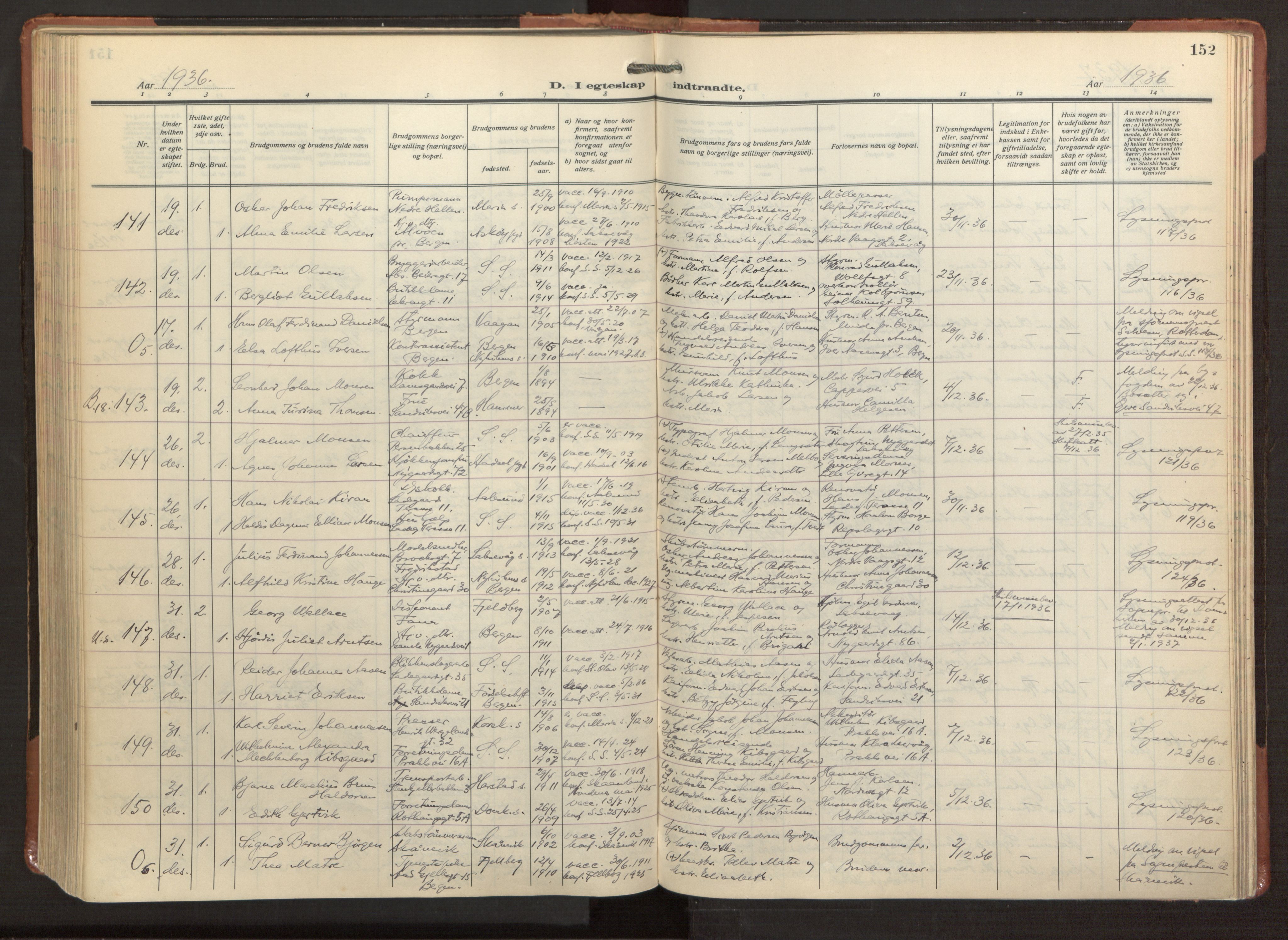 Sandviken Sokneprestembete, AV/SAB-A-77601/H/Ha/L0016: Parish register (official) no. D 3, 1923-1940, p. 152