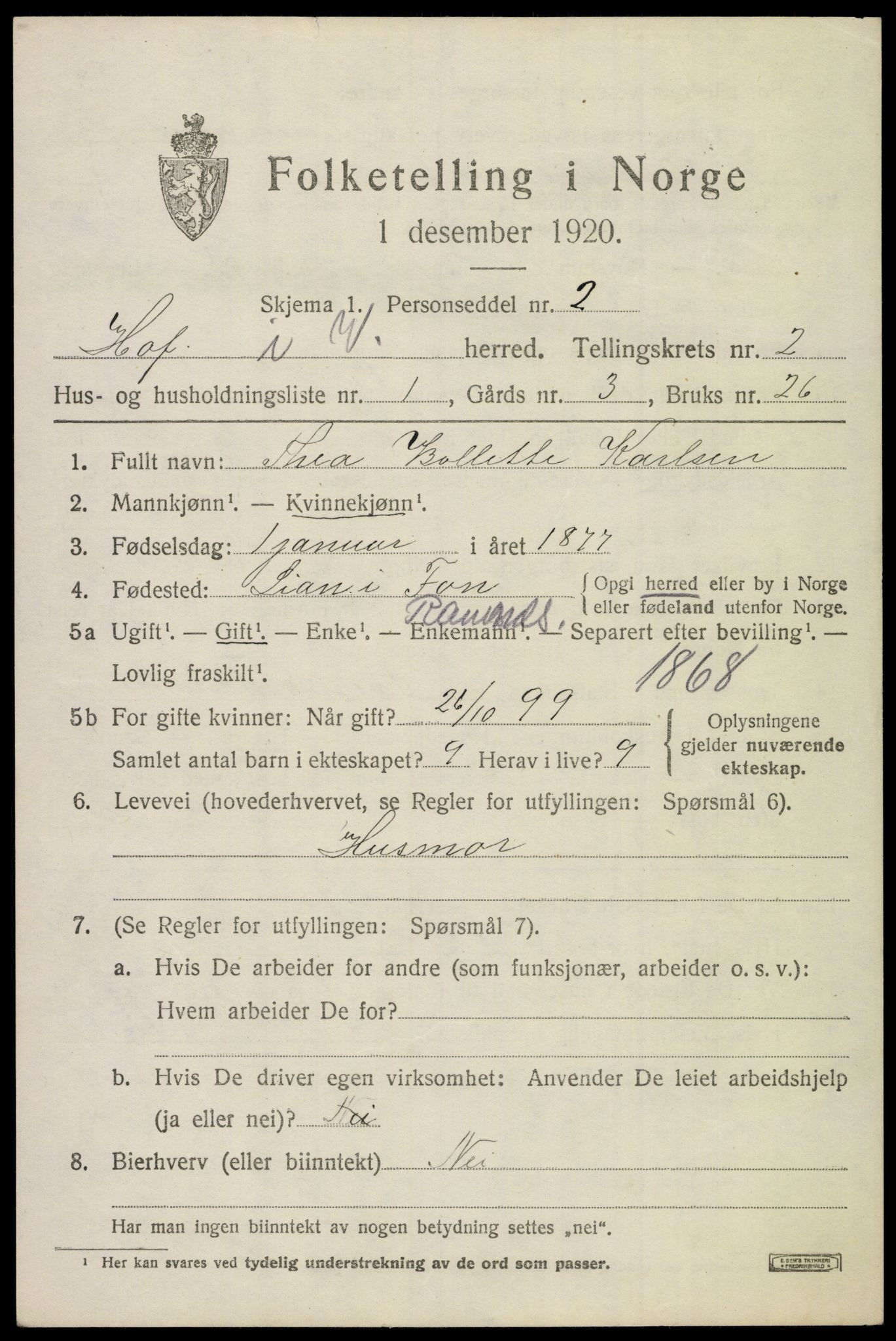 SAKO, 1920 census for Hof, 1920, p. 2365