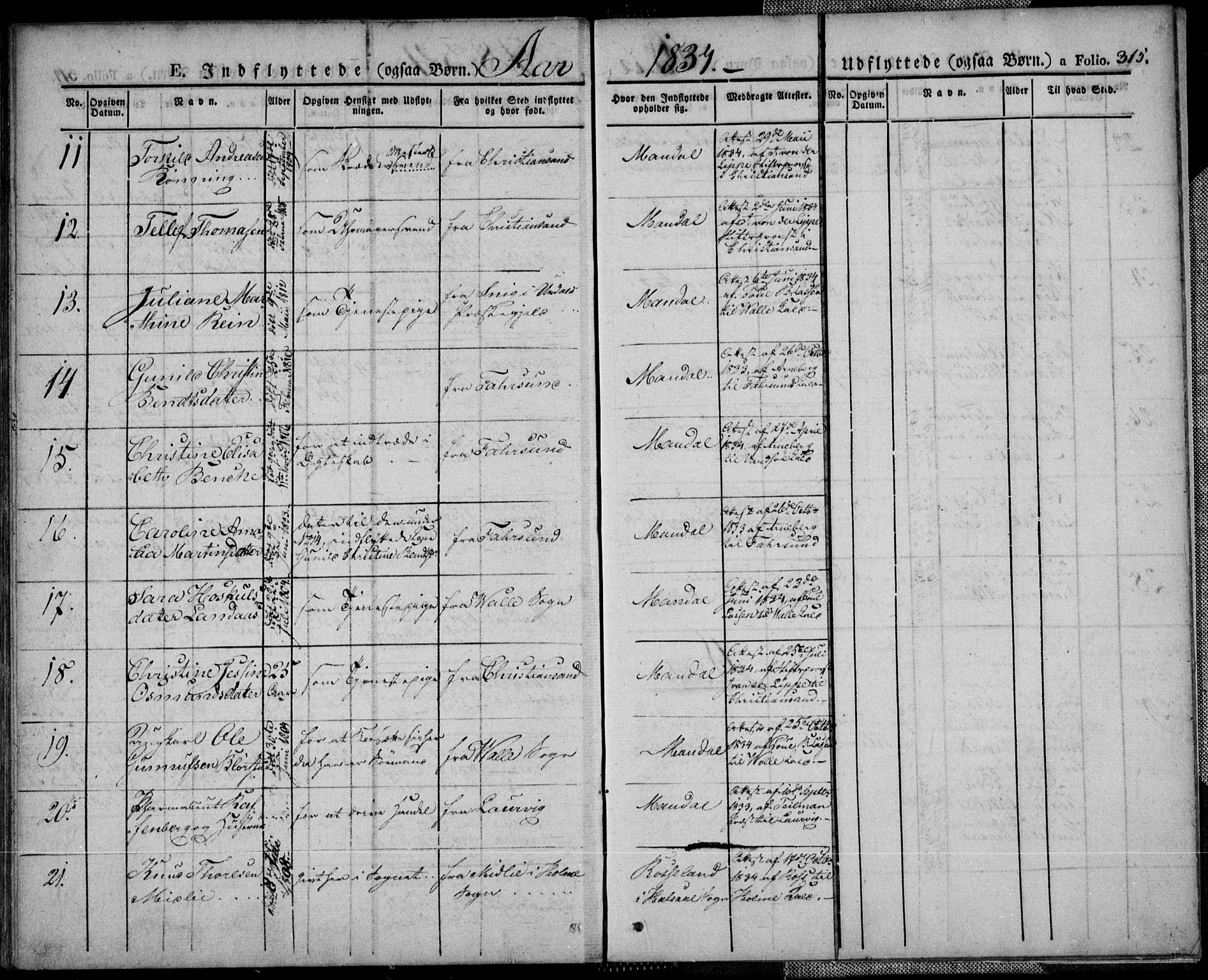Mandal sokneprestkontor, SAK/1111-0030/F/Fa/Faa/L0011: Parish register (official) no. A 11, 1830-1839, p. 315