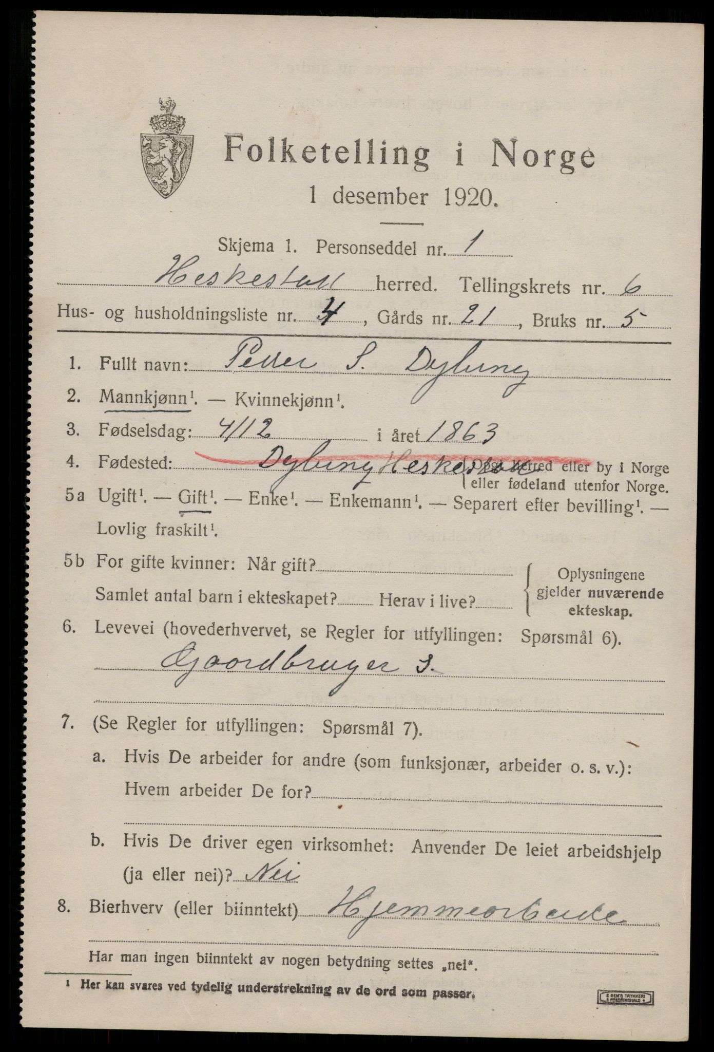 SAST, 1920 census for Heskestad, 1920, p. 2025