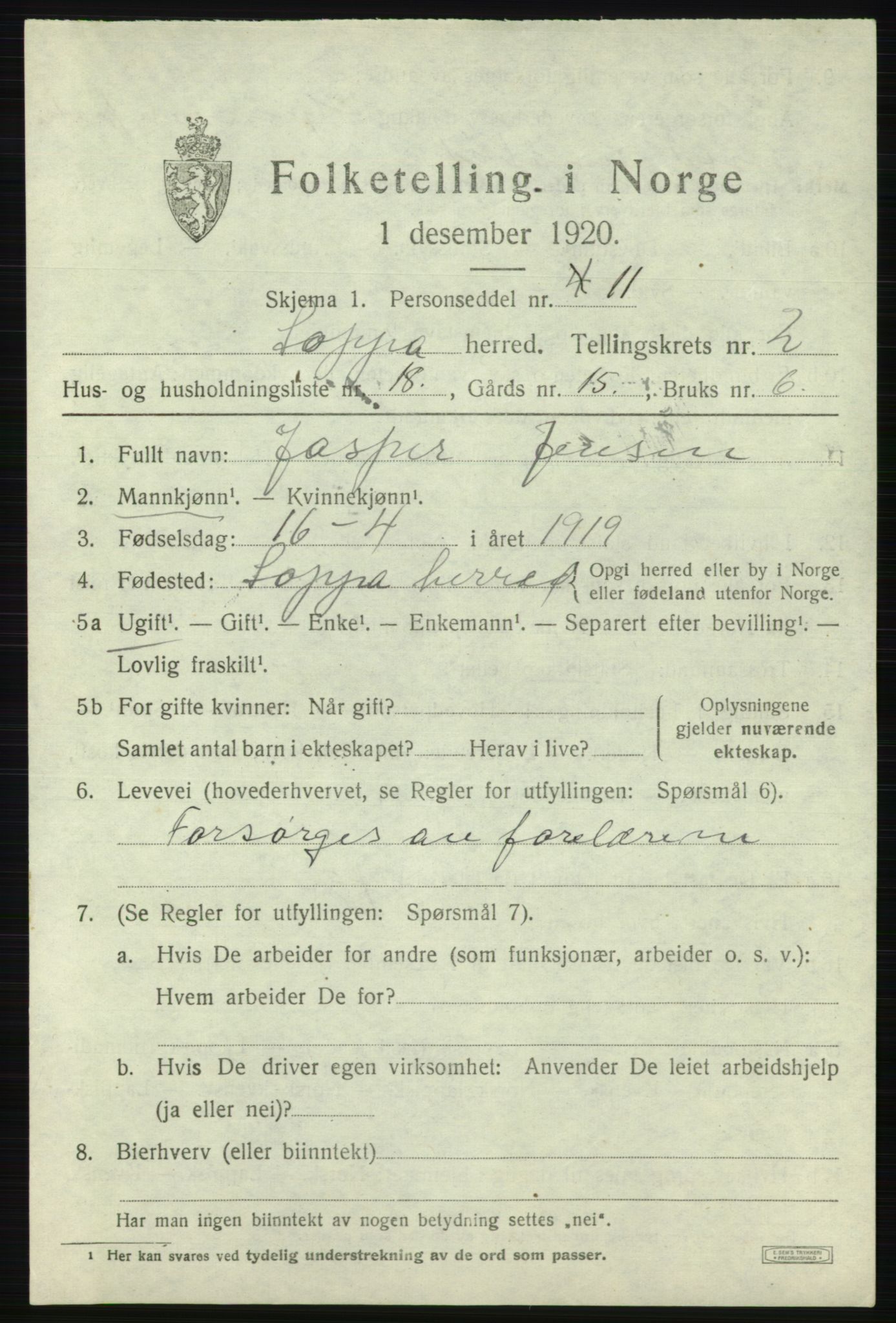 SATØ, 1920 census for Loppa, 1920, p. 1010