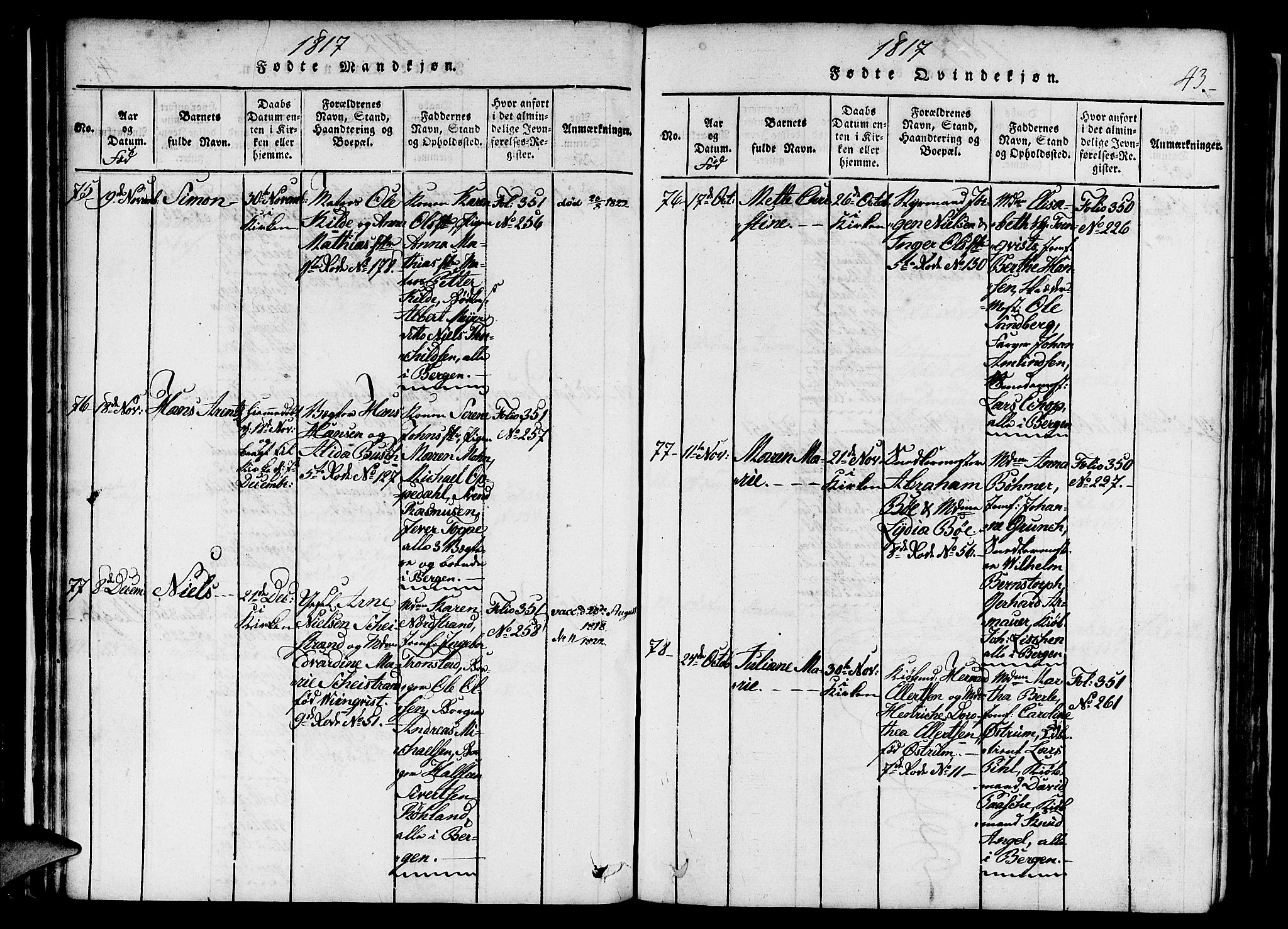 Nykirken Sokneprestembete, AV/SAB-A-77101/H/Haa/L0011: Parish register (official) no. A 11, 1816-1821, p. 43