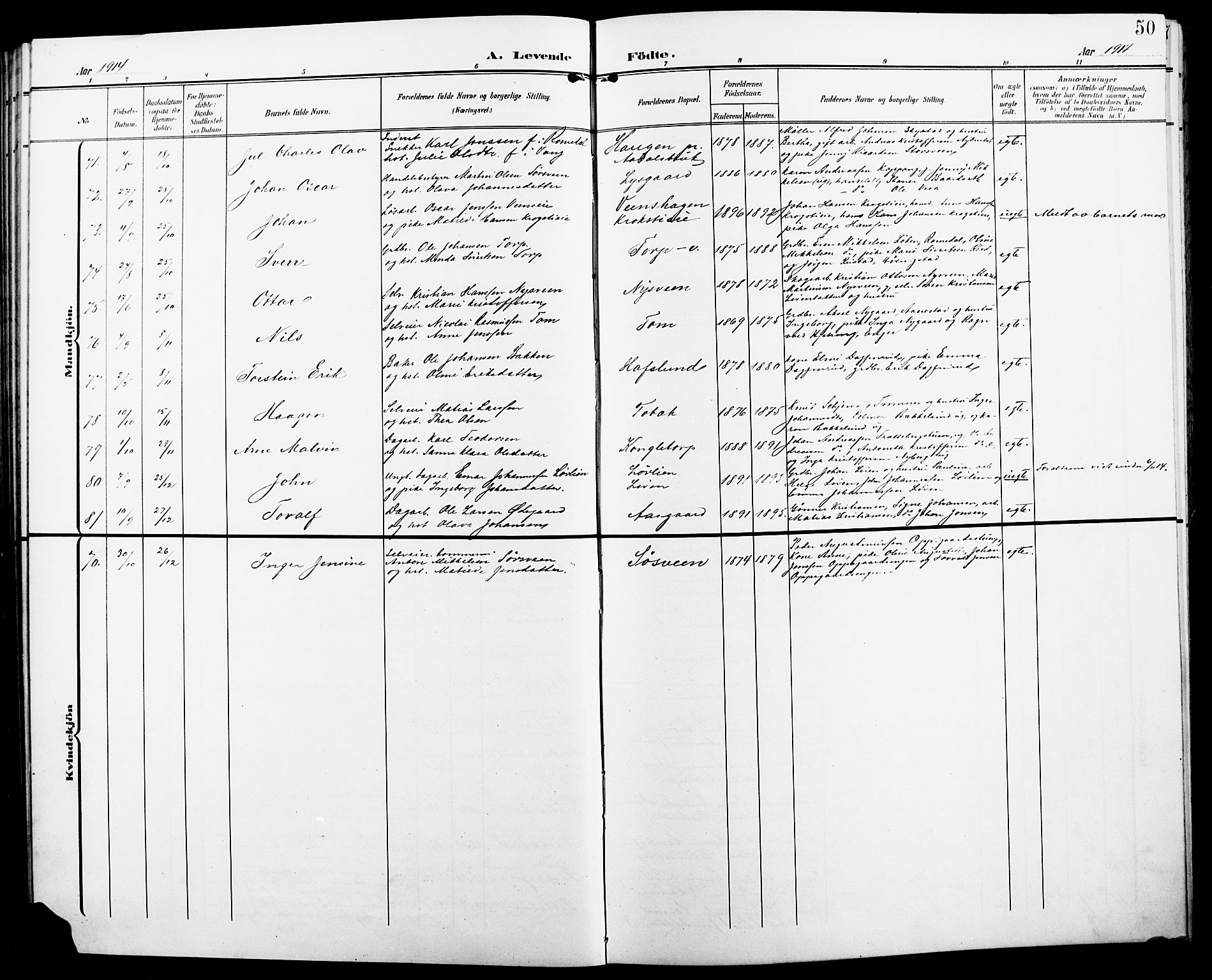 Løten prestekontor, AV/SAH-PREST-022/L/La/L0007: Parish register (copy) no. 7, 1910-1919, p. 50