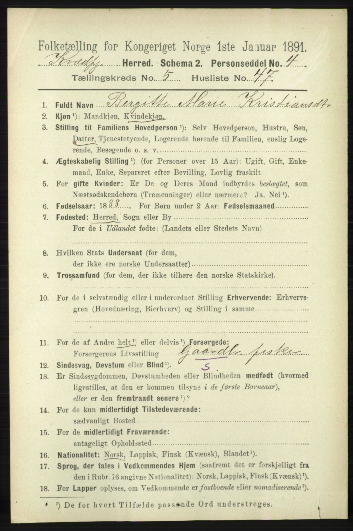 RA, 1891 census for 1911 Kvæfjord, 1891, p. 3143