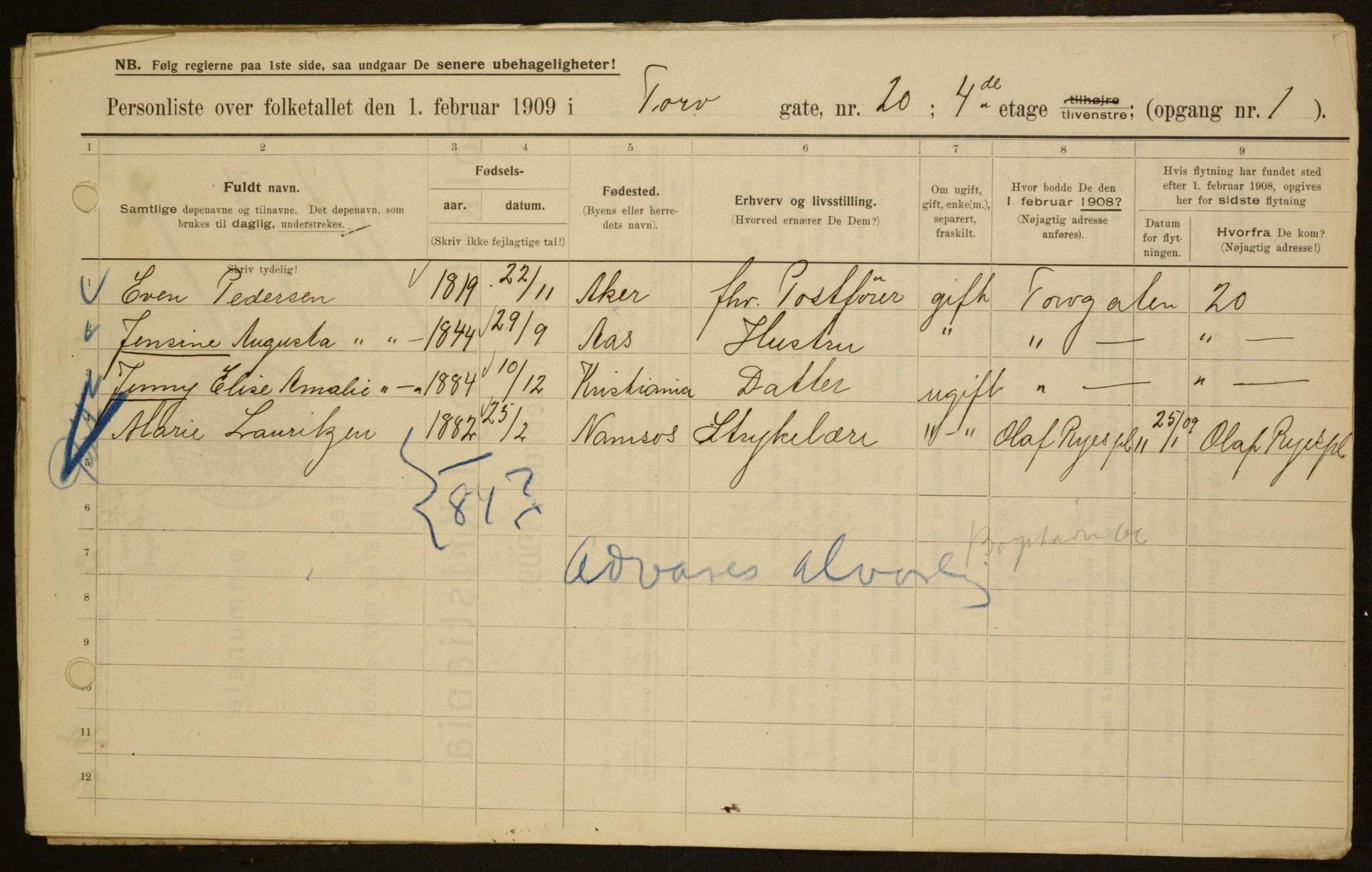 OBA, Municipal Census 1909 for Kristiania, 1909, p. 103460