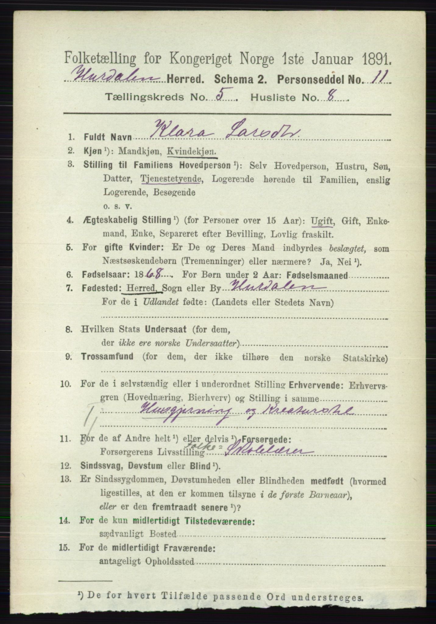 RA, 1891 census for 0239 Hurdal, 1891, p. 2128