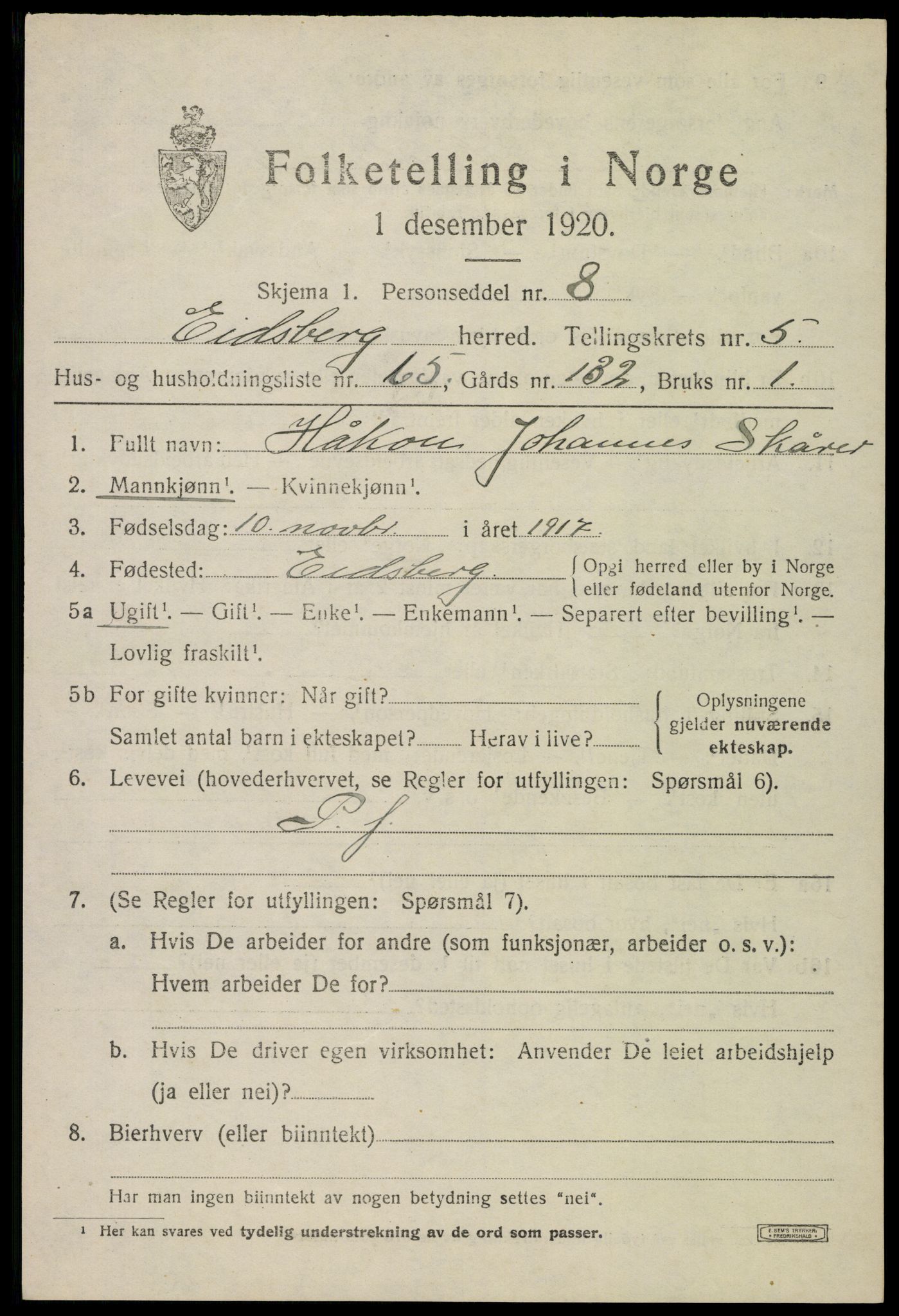 SAO, 1920 census for Eidsberg, 1920, p. 7477