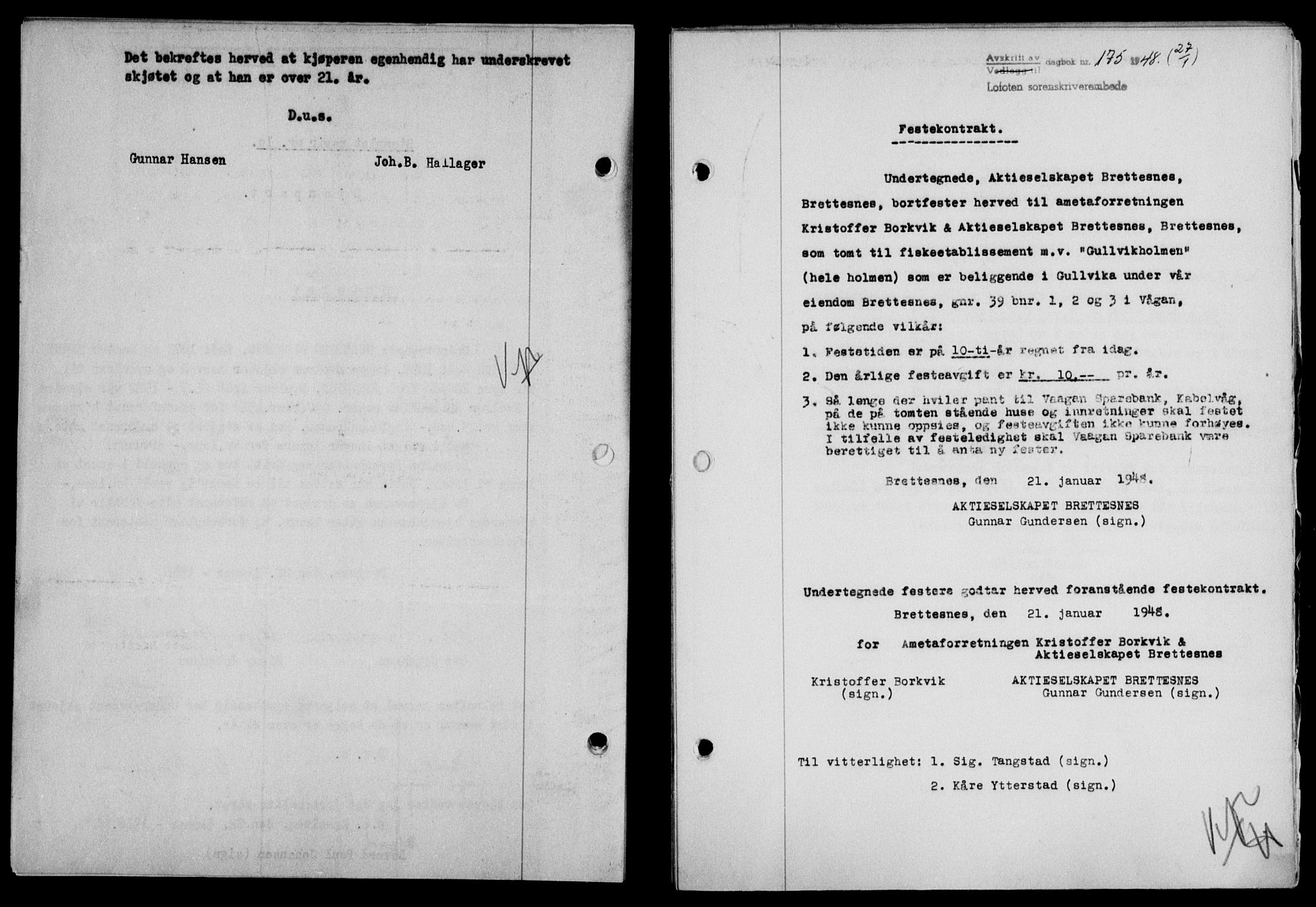 Lofoten sorenskriveri, SAT/A-0017/1/2/2C/L0017a: Mortgage book no. 17a, 1947-1948, Diary no: : 175/1948