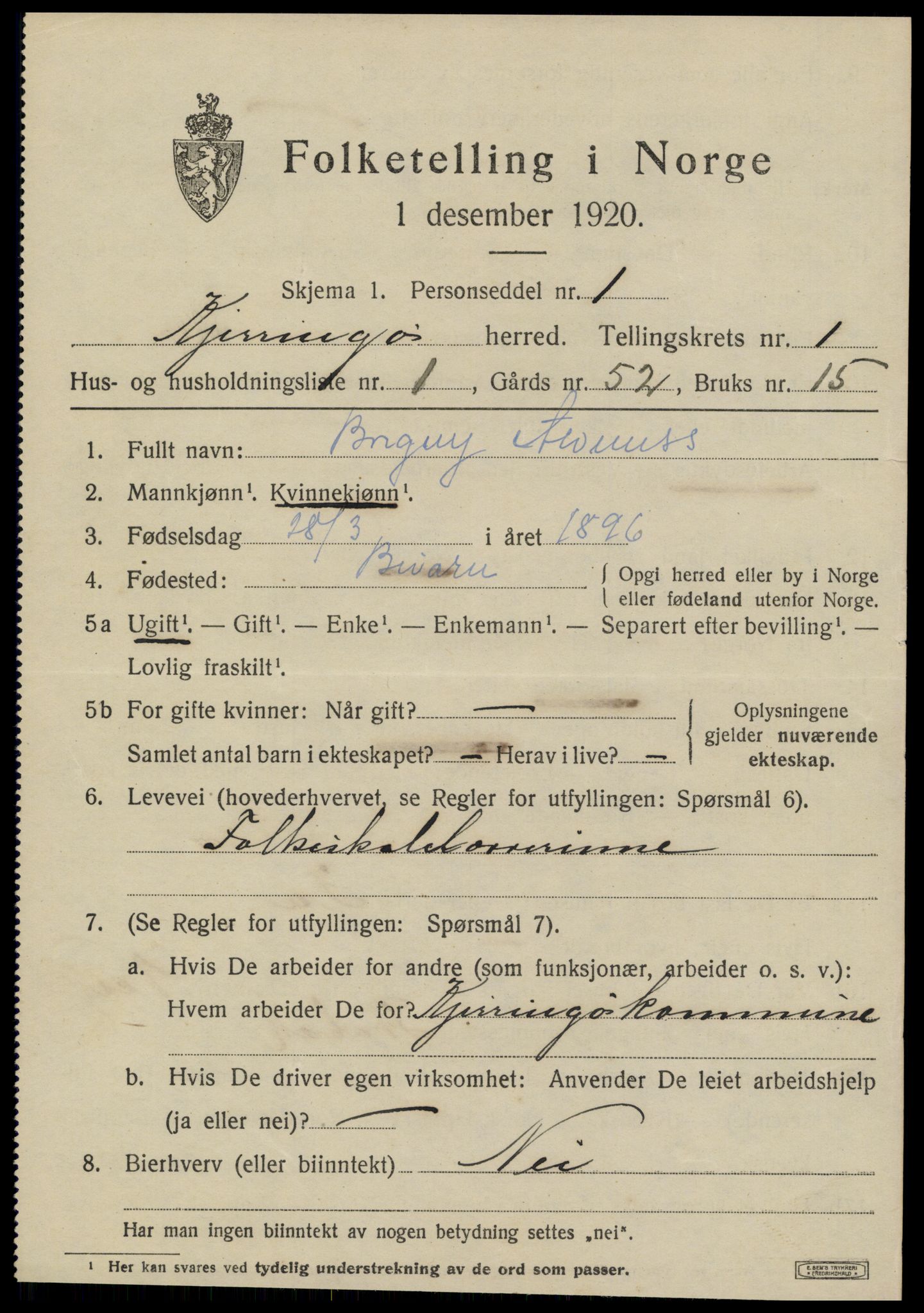 SAT, 1920 census for Kjerringøy, 1920, p. 853