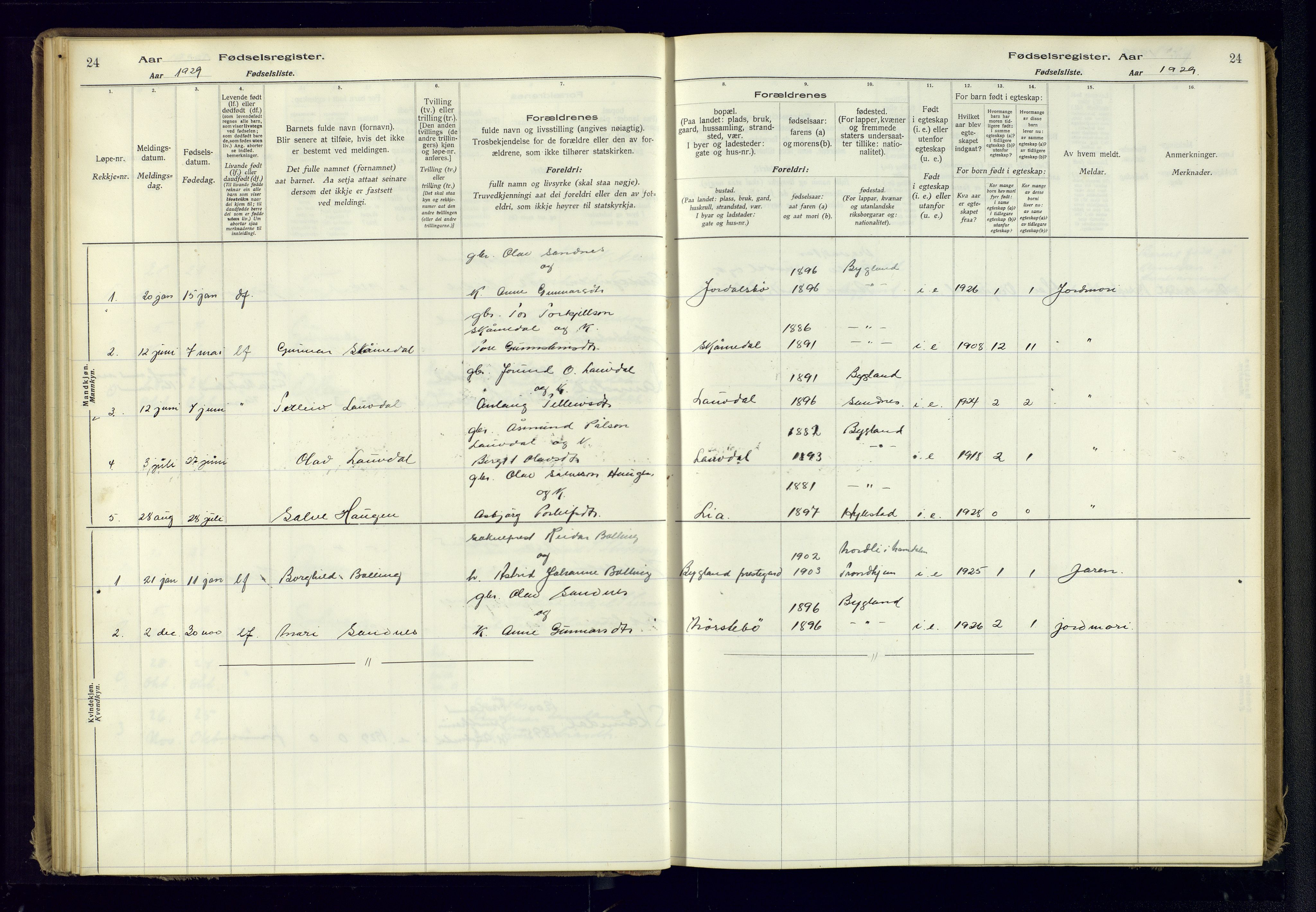 Bygland sokneprestkontor, AV/SAK-1111-0006/J/Ja/L0001: Birth register no. II.4.2, 1916-1982, p. 24