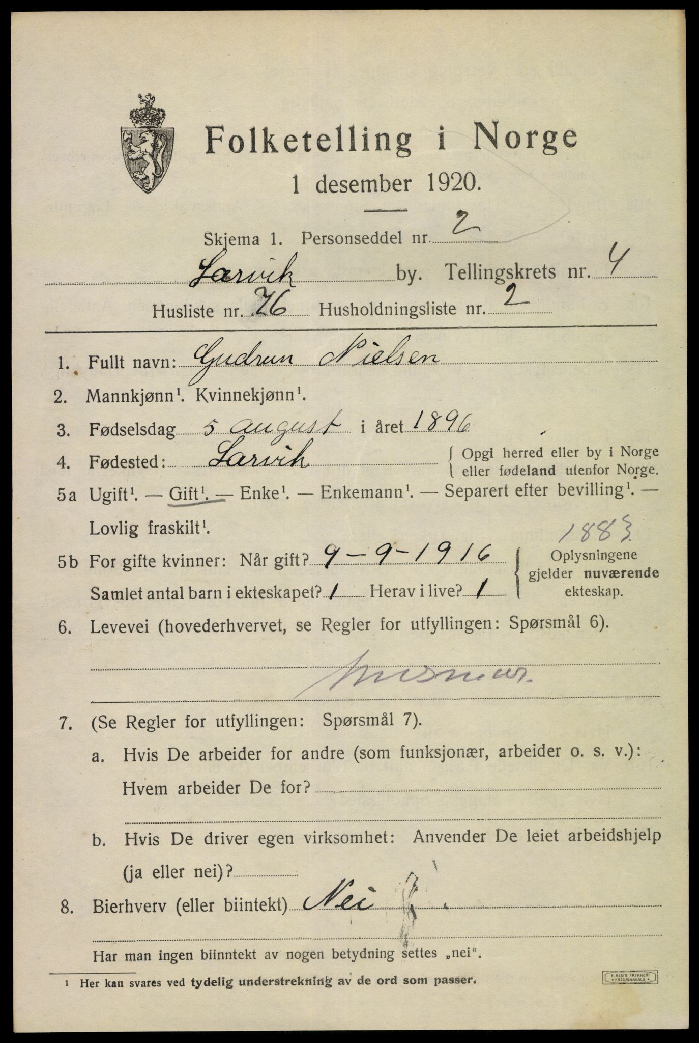 SAKO, 1920 census for Larvik, 1920, p. 14760