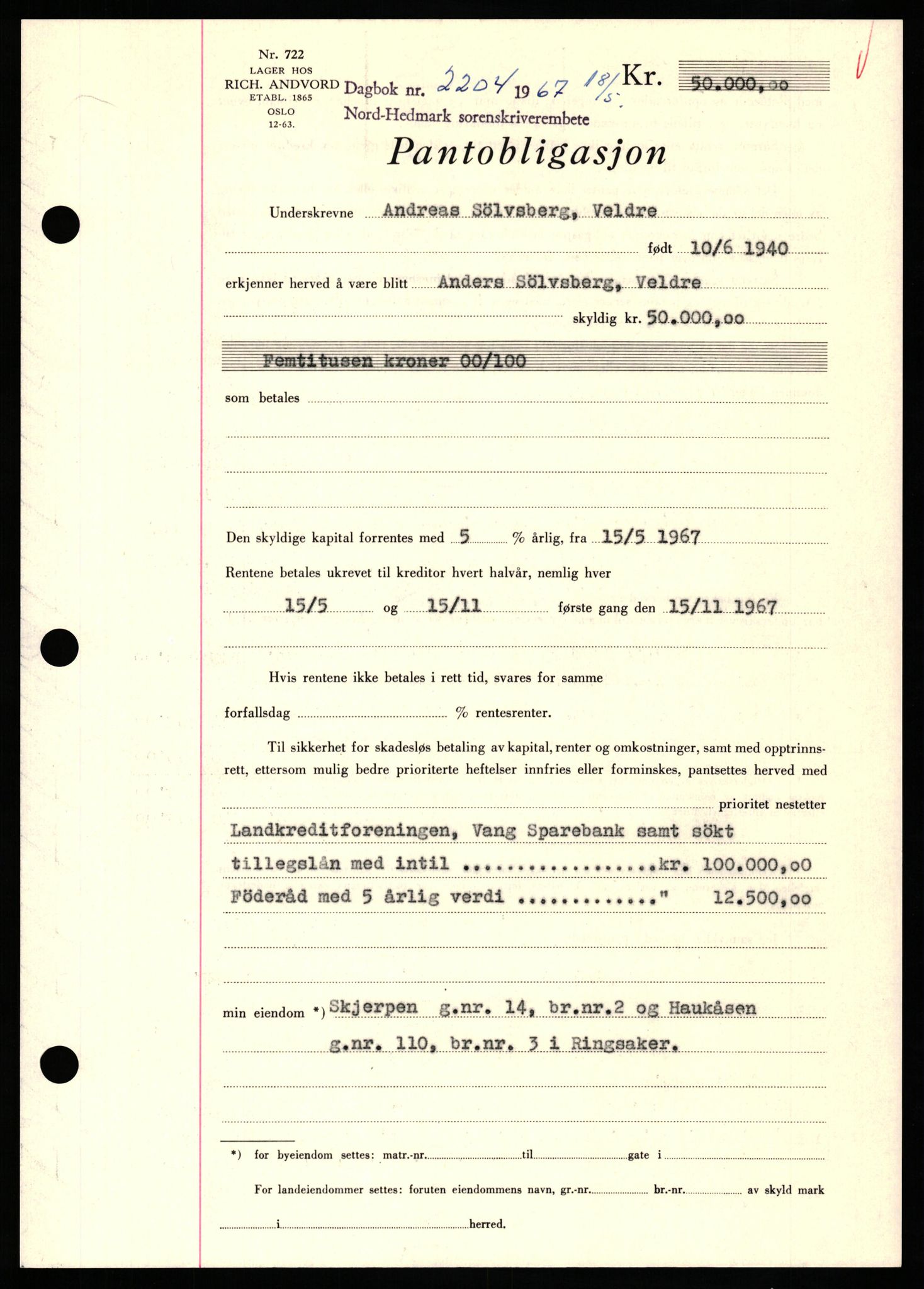 Nord-Hedmark sorenskriveri, SAH/TING-012/H/Hb/Hbf/L0071: Mortgage book no. B71, 1967-1967, Diary no: : 2204/1967