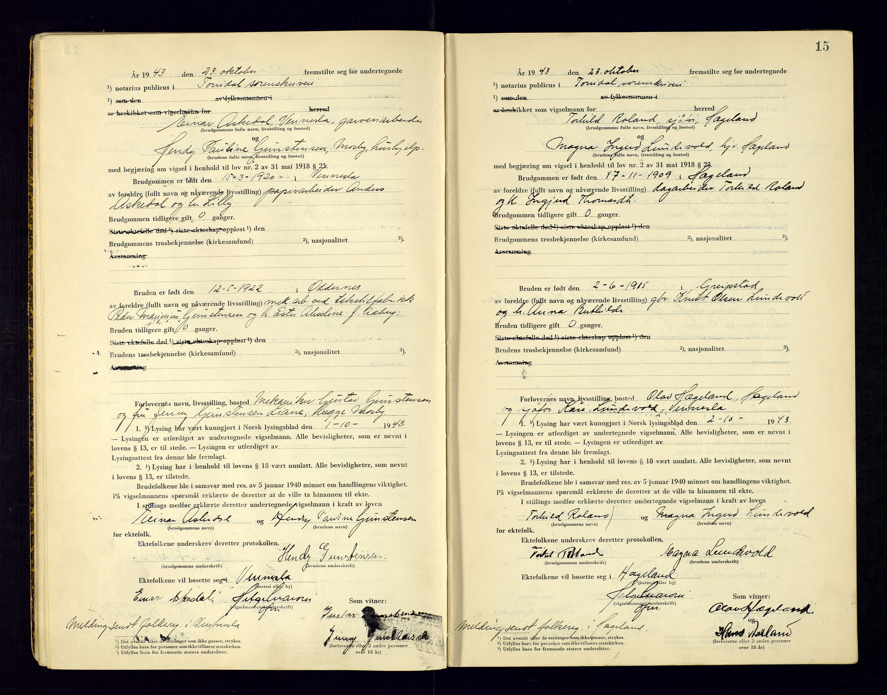 Torridal sorenskriveri, AV/SAK-1221-0012/L/Ld/L0004: Vigselbok nr. 2, 1943-1946, p. 15