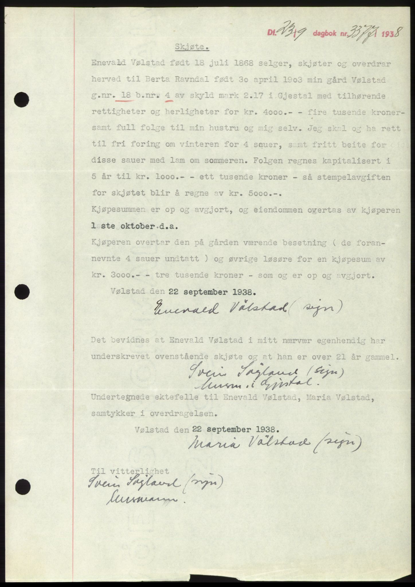 Jæren sorenskriveri, AV/SAST-A-100310/03/G/Gba/L0072: Mortgage book, 1938-1938, Diary no: : 3377/1938