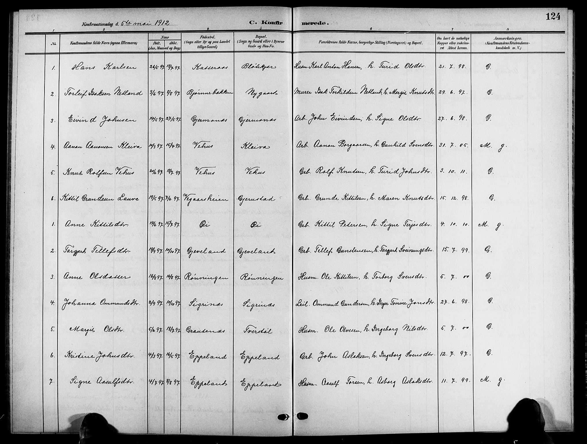 Åmli sokneprestkontor, SAK/1111-0050/F/Fb/Fbc/L0005: Parish register (copy) no. B 5, 1903-1916, p. 124