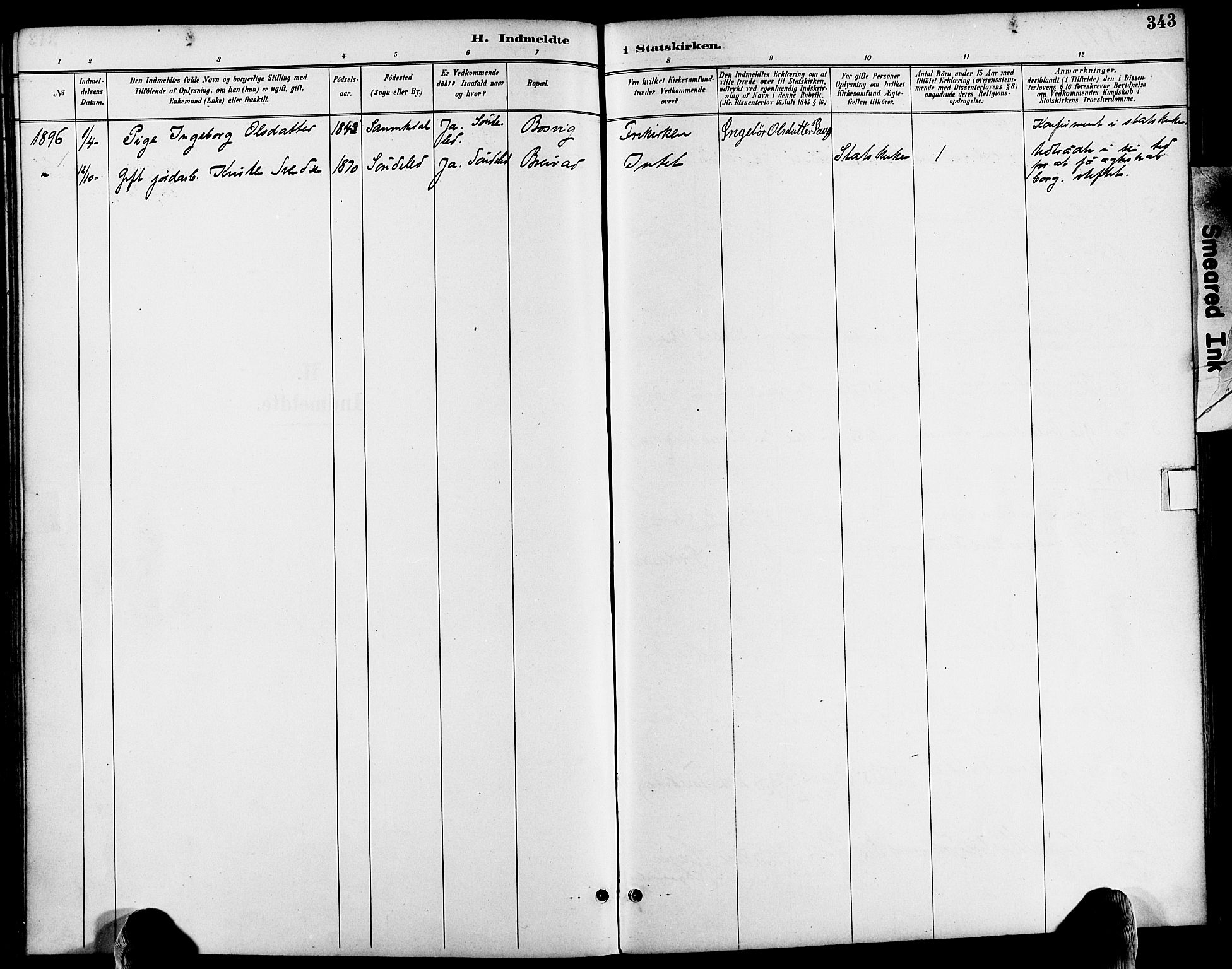 Søndeled sokneprestkontor, SAK/1111-0038/F/Fa/L0005: Parish register (official) no. A 5, 1889-1899, p. 343