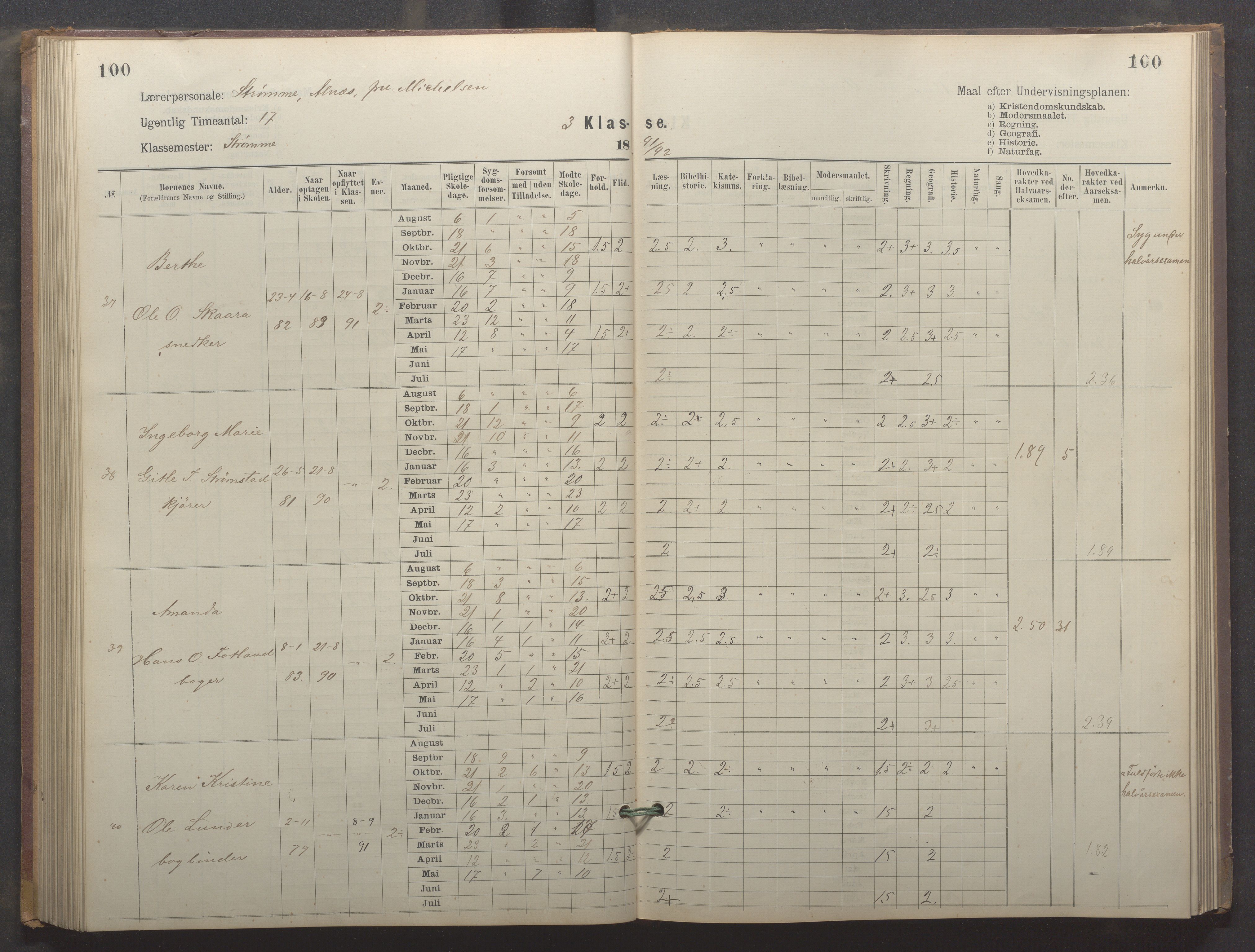 Egersund kommune (Ladested) - Egersund almueskole/folkeskole, IKAR/K-100521/H/L0024: Skoleprotokoll - Almueskolen, 3. klasse, 1887-1892, p. 100