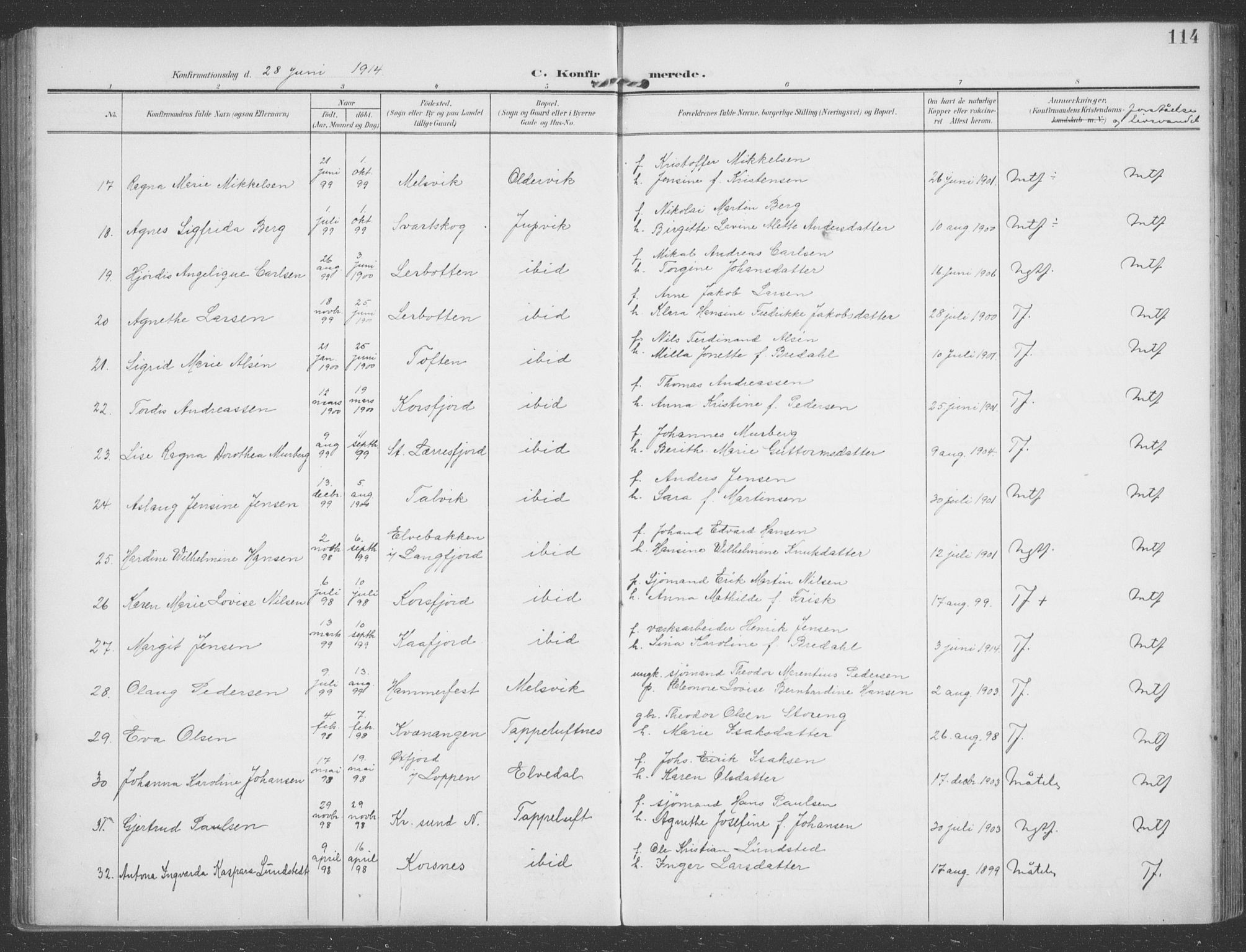 Talvik sokneprestkontor, SATØ/S-1337/H/Ha/L0017kirke: Parish register (official) no. 17, 1906-1915, p. 114