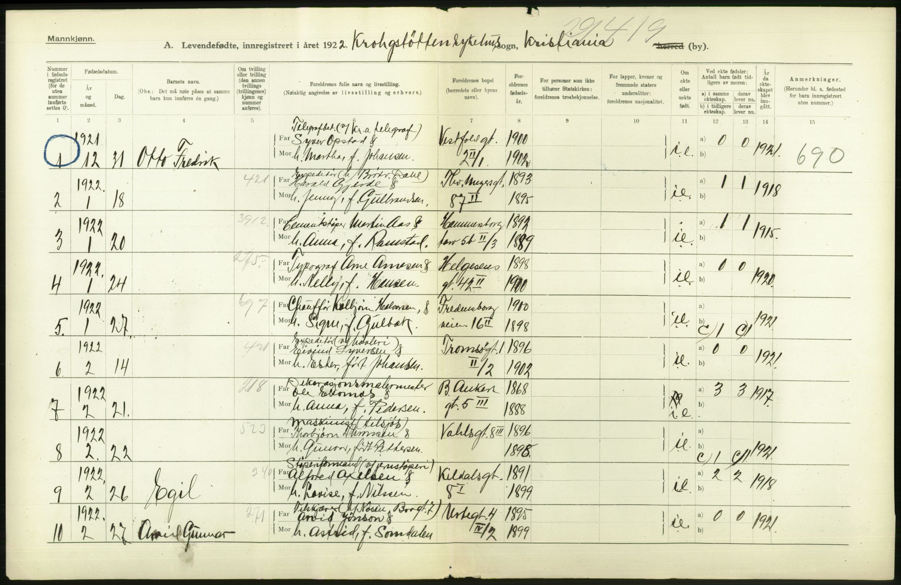 Statistisk sentralbyrå, Sosiodemografiske emner, Befolkning, RA/S-2228/D/Df/Dfc/Dfcb/L0007: Kristiania: Levendefødte menn og kvinner., 1922, p. 180